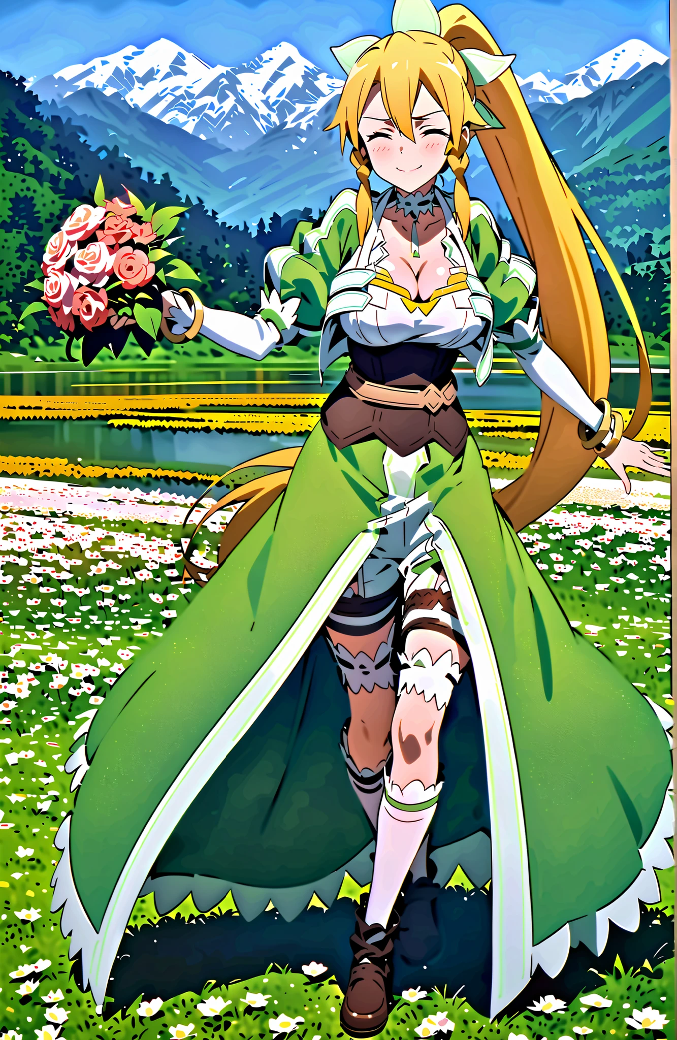 Kirigaya Naoha , leafa(SAO),close your eyes, Gold, very long hair, bungs, ponytail, Side Braid, hair between eyebrows, hair ornament, bracelet, jewelry, choker,smile,blush,grinning, Big Breasts,cleavage,bracelet, puff sleeve, green dress, white shorts, white thigh high socks,Holding a bouquet in both arms,standing,Flower Field,Mountain,river,break looking at viewer,full body,
break outdoors,nature,
break (masterpiece:1.2), best quality, high resolution, Unity 8Kの壁紙, ( illustration :0.8), very detailed faces, perfect lighting, very detailed CG, (perfect hand in h, 完璧な解剖学),