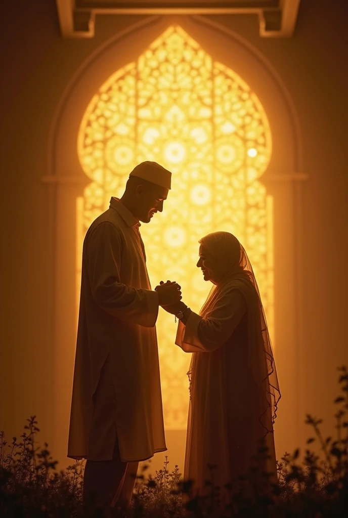 A 30-year-old Muslim man wearing glasses with his wife holding a Ramadan lantern and a Qur’an with an Islamic representation and a name background. ( Amrou ) In large cloudy letters, creating a beautiful Ramadan atmosphere.