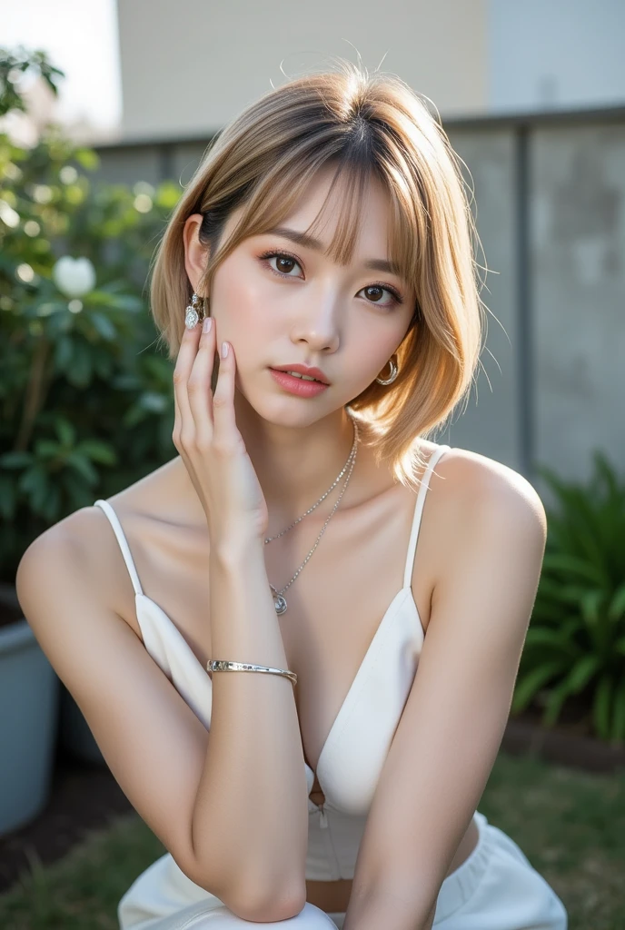 (Highest quality, masterpiece:1.3, Ultra-high resolution), (Very detailed, Caustics, 8k), (Realistic:1.4, RAW shooting), 1 girl, (Look at the camera with a smile), 20-year-old, cute, Japanese, Gradient Hair Color, Wolf Bob Cut Hairstyle, (Blonde Hair), Natural lips, (Wearing a satin dress and hot pants), (Wearing Chanel Etoile Philante earrings), (Wearing a Chanel Coco Crush necklace), Perfect necklace, (Perfect Piercing), Cleavage, (Tokyo streets at night), Bust up shot, Face Focus, Natural light, Backlight, (A bright light shines from above), (Lens flare), Professional Writing, Perfect body, Perfect Arms, Perfect Fingers, Perfect Legs, Perfect Hair, pores, Realistic skin texture, Perfect Teeth, (Low position), (Low Angle)