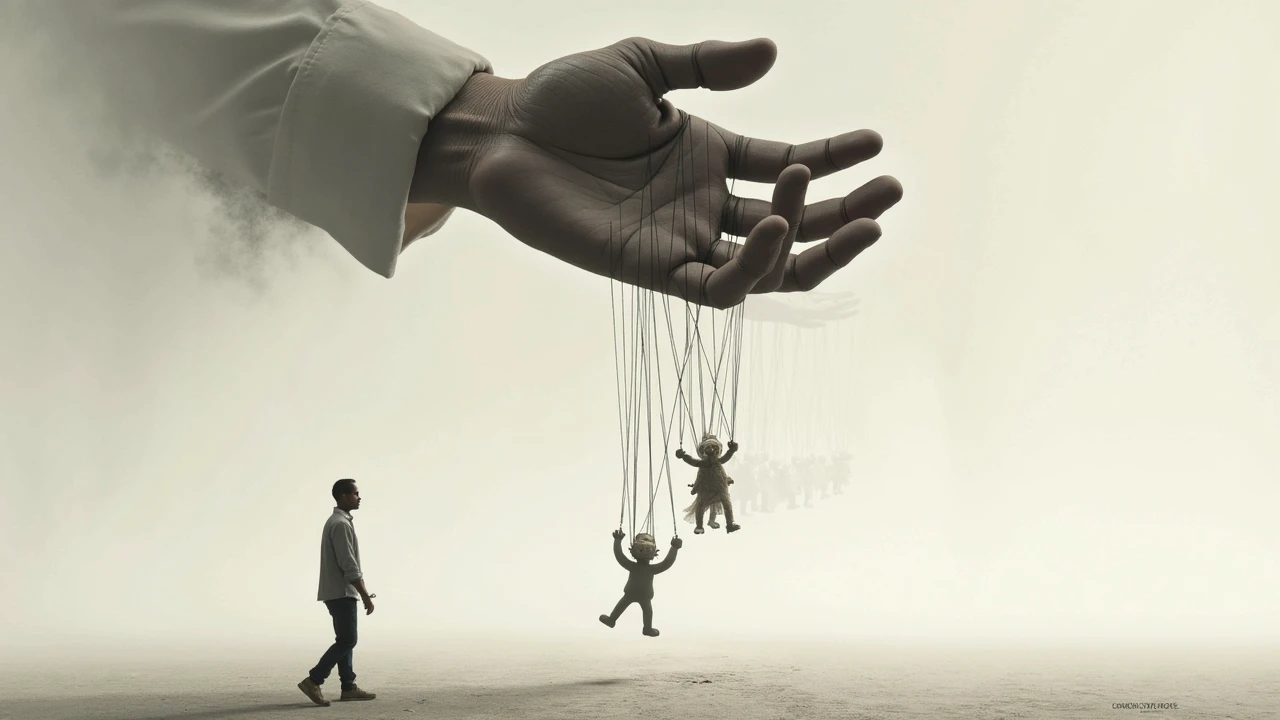 Man in suit is holding a rope doll, fantoche em uma corda, fantoche de corda, manipulacao, Controle manual, Fantoches, puxando cordas, mestre de fantoches, Perdendo o controle, marionete, We all need control, Machiavellian puppets;, losing control over one's own life, manipulativo, hand holdings, Instigantes, art depicting control freak, dramatic artwork