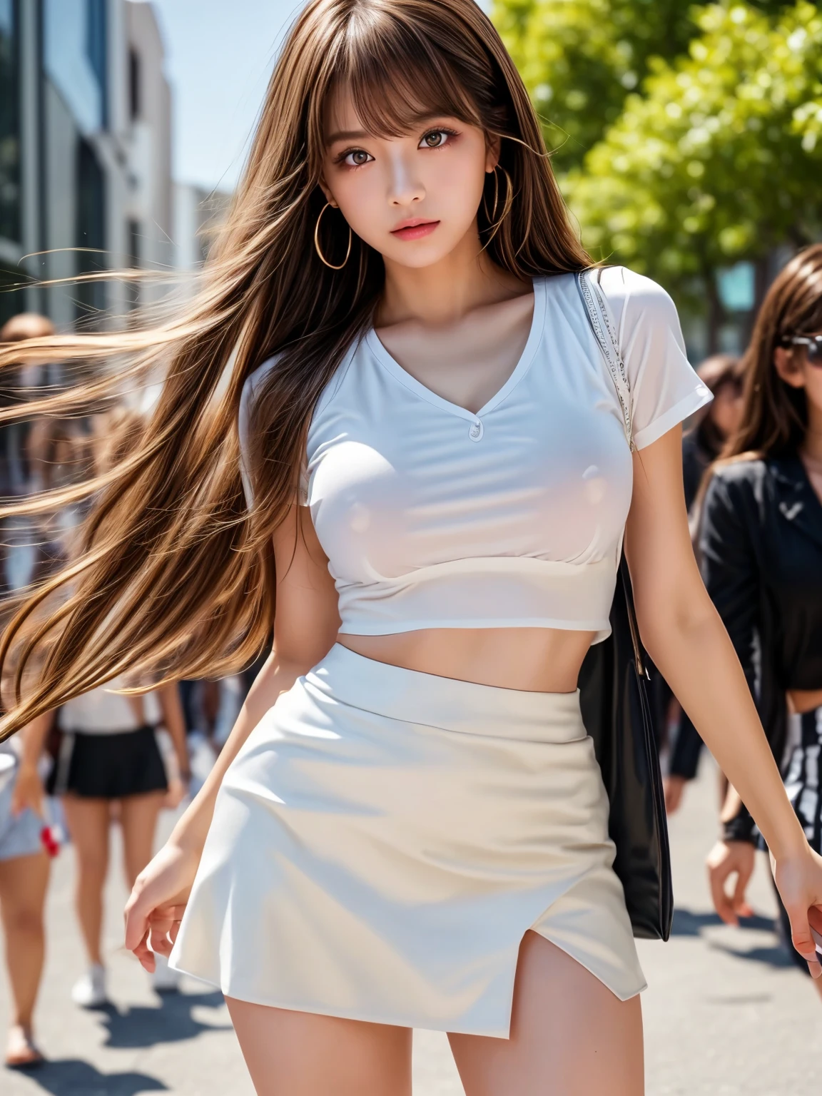 (masterpiece:1.5), illustration, 4k, 8k, (high quality:1.1), very detailed, detailed face, HDR, bright colors, natural lighting, beautiful eyes, detailed eyes, colorful eyes, pretty face, 1girl, long hair, messy hair, brown hair, double braids, headbands, hair accessories, cheerleaders, ((no clothes)), pompoms, cheers, standing on the side of the main road, arms open, ((confetti)), smile, open mouth, build shot, medium scene, ((sexy)), ((sexy)), full body, slender body, ((bare waist)), thin legs, ((enchanting))