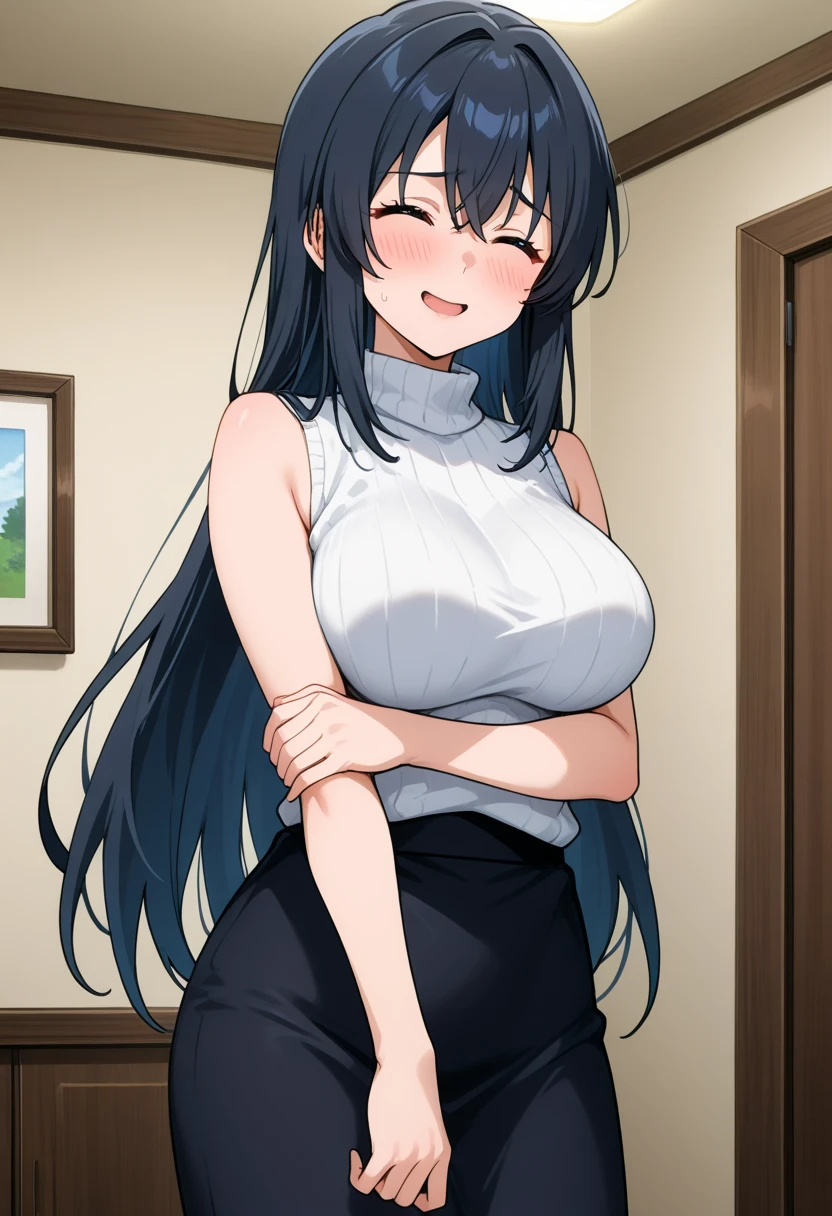 high schoolooks like an elementary school st short, 140 cm tall, black slight green tinge, short ahoge, beautiful long hair but with a little hair sticking out, beautiful round eyes, blue eyes, smile, boyish, big breasts, long hair, childish face, gentle smile, a little shy, black hair with a slight green tinge, boyish, gentle smile,, ( Deep greenish black hair: 1.3)