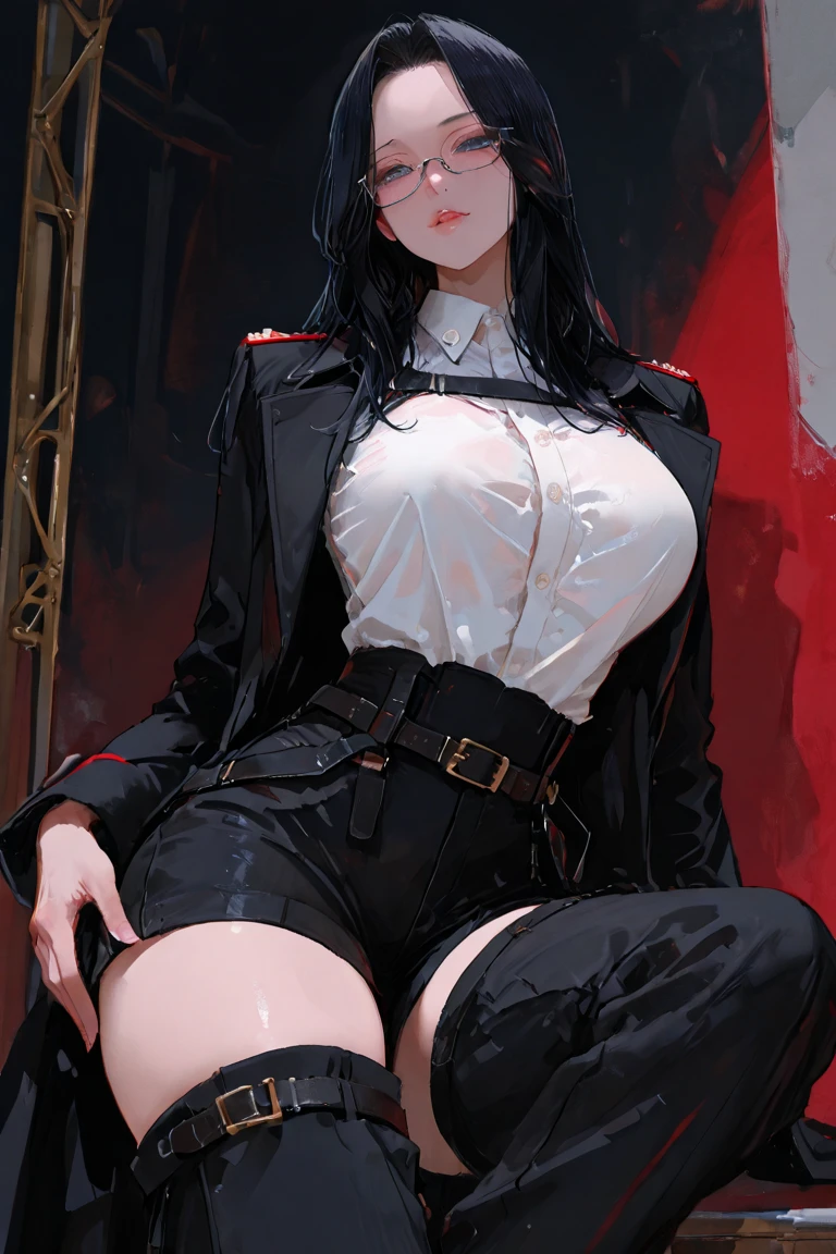 {pant suit}, ((black pant)), black suit, chest harness, black business suit, black vest, cameltoe, (( black business shirt)), red necktie, red stall, gold buckle belt, black hair, long hair, tall female, lip gloss, red lips, latex, Sheer black shirt, red necktie, red eye, long coat, thick thighs, bangs, red nail, red gem earrings, huge , big ass, enormous breasts, plump, (thigh belt), muscular thighs, gigantic breasts, shiny clothes, detail face, gold buckle belt,