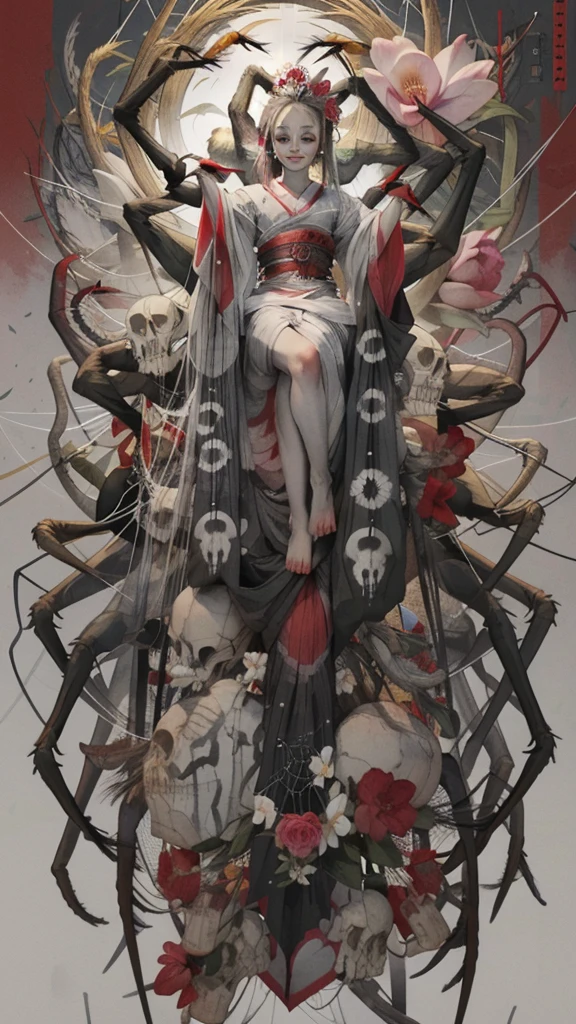 (masterpiece:1.2),best quality,realistic,ghost nocturnal,
1girl,silk,spider web,long hair,arthropod girl,japanese clothes,kimono,hair ornament,white hair,solo,bug,very long hair,skull,obi,sash,spider girl,flower,looking at viewer,hair flower,arthropod limbs,barefoot,horns,extra arms,extra eyes,red eyes,red flower,spider,wide sleeves,short eyebrows,white kimono,long sleeves,colored sclera,forehead mark,closed mouth,colored skin,full body,
<lora:ghost nocturnal-000018:1>,