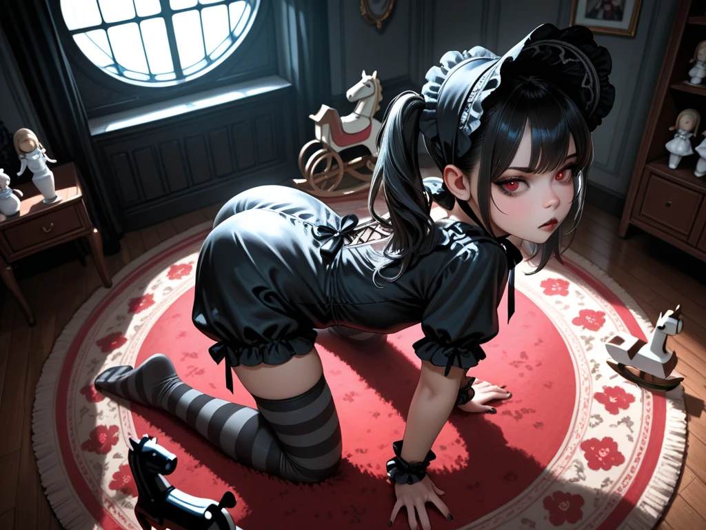 The whole body is wet、An excited look、Dark Gothic Makeup、Dark Metal、Large margins、Patchy duplex、Eyes prone to black eyes、Long eyelashes、cute、
room made of stone girl、Gothic dress with collar、Knee-high socks、Twin tail hair、Beautiful and detailed eyes、Beautiful and detailed lips、High resolutionの顔、Long eyelashes、Cinematic composition、（Highest quality）、4K、8K、High resolution、masterpiece：1.2）、Super fine、Lace pants、sitting、Bold Pose、Moisturized skin、Sweaty、barefoot、Trance、Embarrassing、Masochistic、Blushing、Embarrassed、Tranceとした表情、look back、Protruding buttocks、Distorted facial expressions、Flowing Tears、Soaking wet。