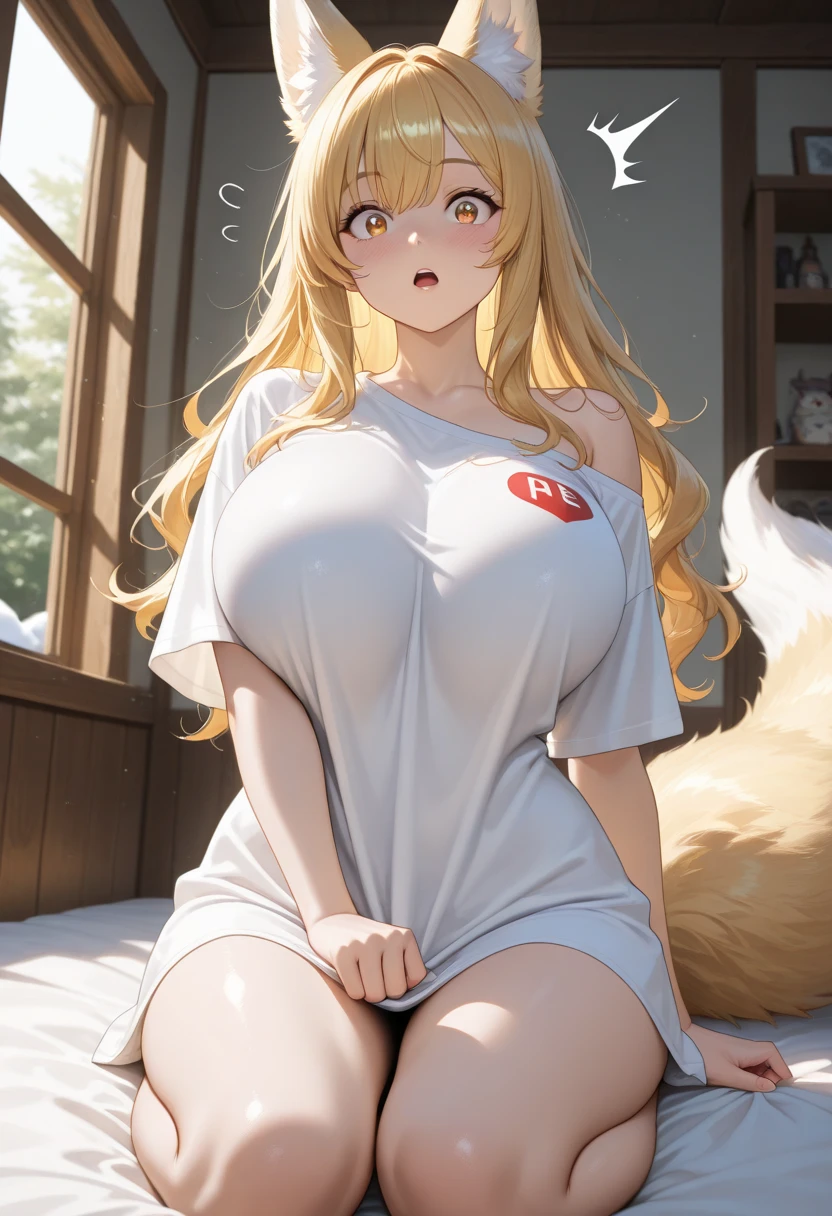Viewer is looking upwards at (Masterpiece) (High Detail) (High Res) A short humanoid girl with pale skin and long blonde hair and blue eyes and fluffy mouse ears and a long thin mouse tail and average breasts is stood alone in a bedroom looking down at the viewer. She is wearing a white t-shirt.