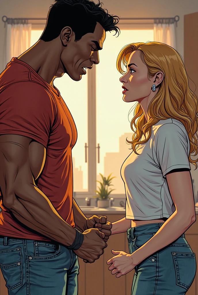 (Tall Dark skin ebony man in a casual shirt and blue jeans, broad shoulders, black hair), a disheveled attractive woman with blonde hair, embracing, clear defined brown eyes, deceptive, blushing, secretive lovers, flirtatious, mischievous, shocked expressions, both staring from inside a bedroom, caught in the act together, adultery