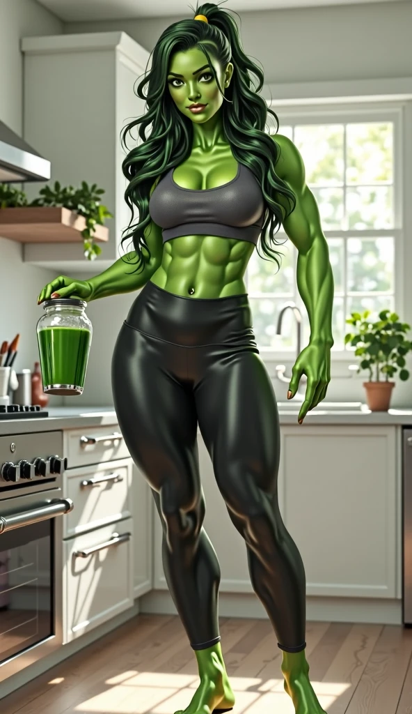 masterpiece, best quality, solo, purple lipstick, pervert, fit and toned body, tube top, shorts, glasse, looking at viewer, green skin,