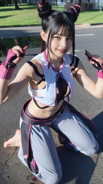 anime character with a cat tail and a cat tail holding a cell phone, juri han from street fighter, commission for high res, juri misaki, heavy gesture style closeup, fight pose, akali, akali from league of legends, highly detailed exquisite fanart, fighting stance, striking detailed artstyle, aggressive pose, badass pose, posing for a fight intricate