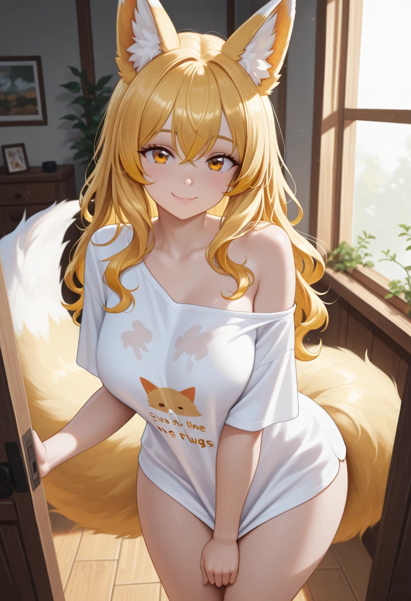 1girl with long blonde hair, green eyes, floppy dog ears, dog tail, blush, golden dress with open shoulders, holding small notebook, rich living room