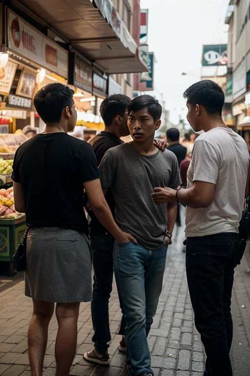 3 Indonesian men wearing sarongs walking at night looking for a cigarette shop 