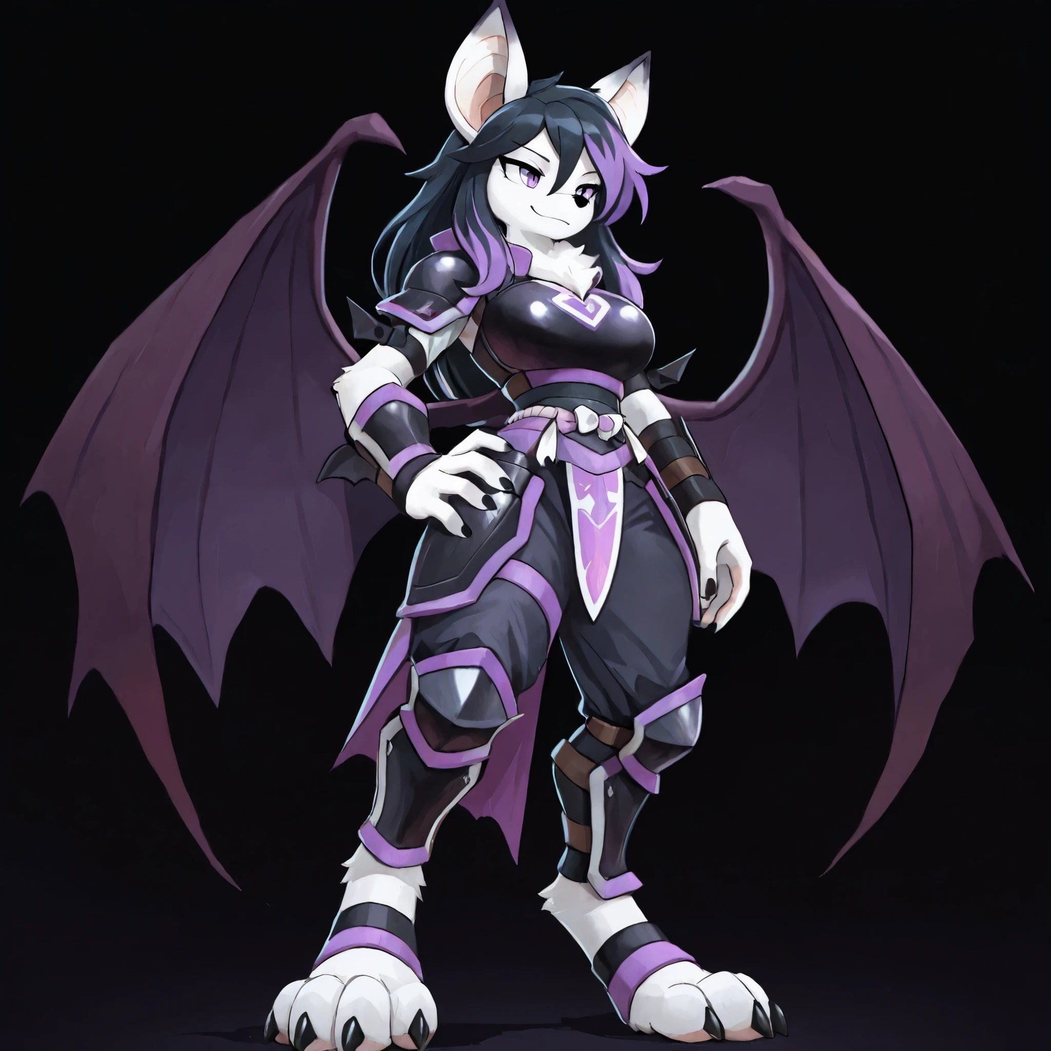 masterpiece, best quality, anime style, anime shading, full body picture, buxom body type, centered, three-quarters view, by plive,1girl, anthro, furry female, fox female, white fox, (bat ears:1.5), purple eyes, ((long black hair with purple highlights:1.2)), standing pose, small smile, large breasts, (large black and purple dragon wings), white paws, black claws, black nose, digitigrade legs, digitigrade paws, big foot paws, wearing black body armor with purple trim, (waist armor with hip guards), dark background