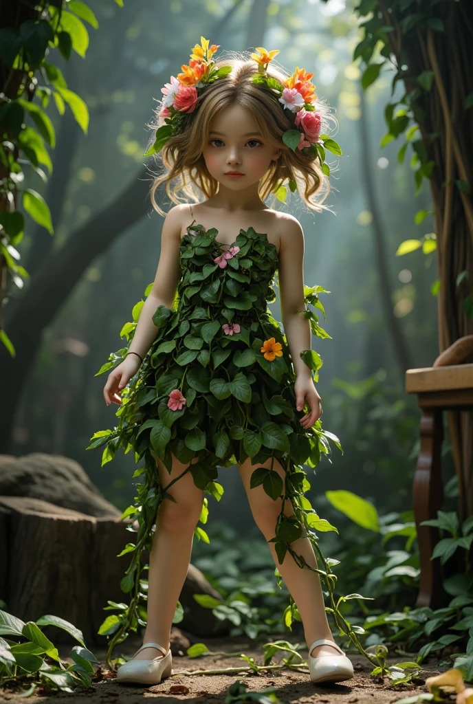 Little girl, with headphones, with a pistol, and in the forest, her clothes are green and she has a red hat