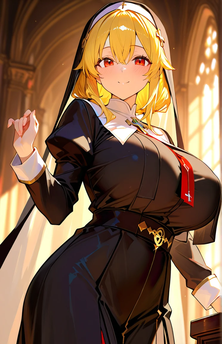 1girl,blonde hair hair,white stocking,nun,huge extremely large breasts，arms behind head
