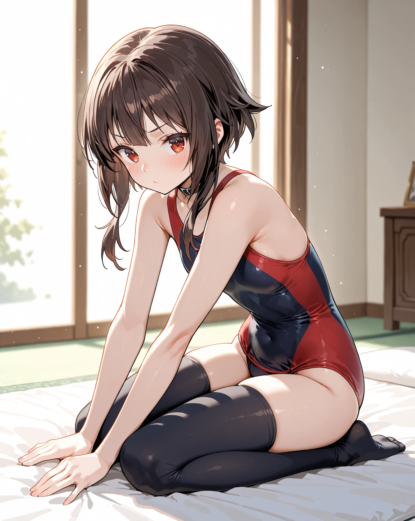 nsfw、Gymnastics leotard digs in、Bite into、Pussy line、Spread your legs、Sweat、Embarrassed expression、blush、Photographing the subject from below、Arms tied with rope、Bite into rope、