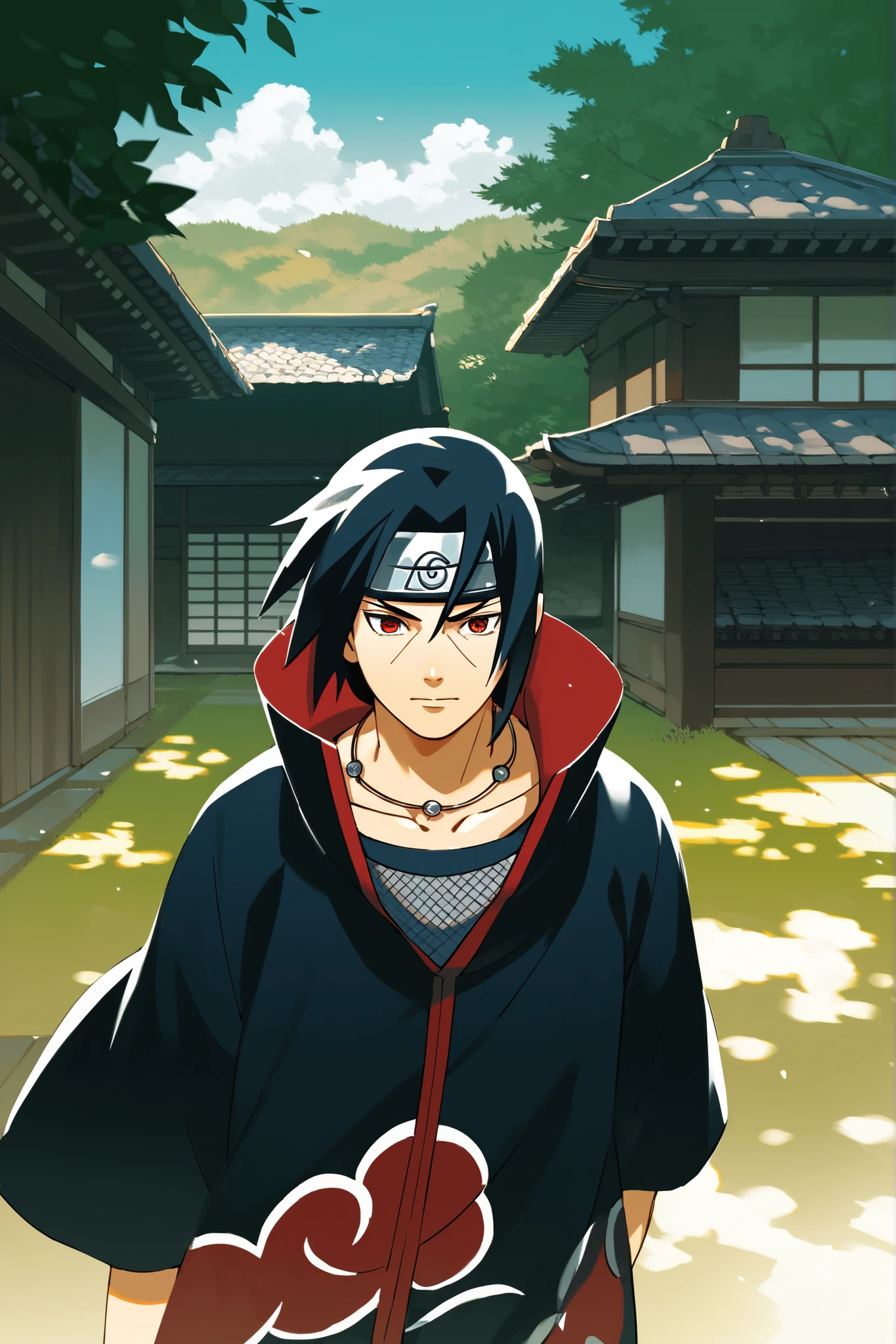 1man, Itachi Uchiha, stoic expression, japanese village background, dappled sunlight, masterpiece, absurdres, ultra-detailed