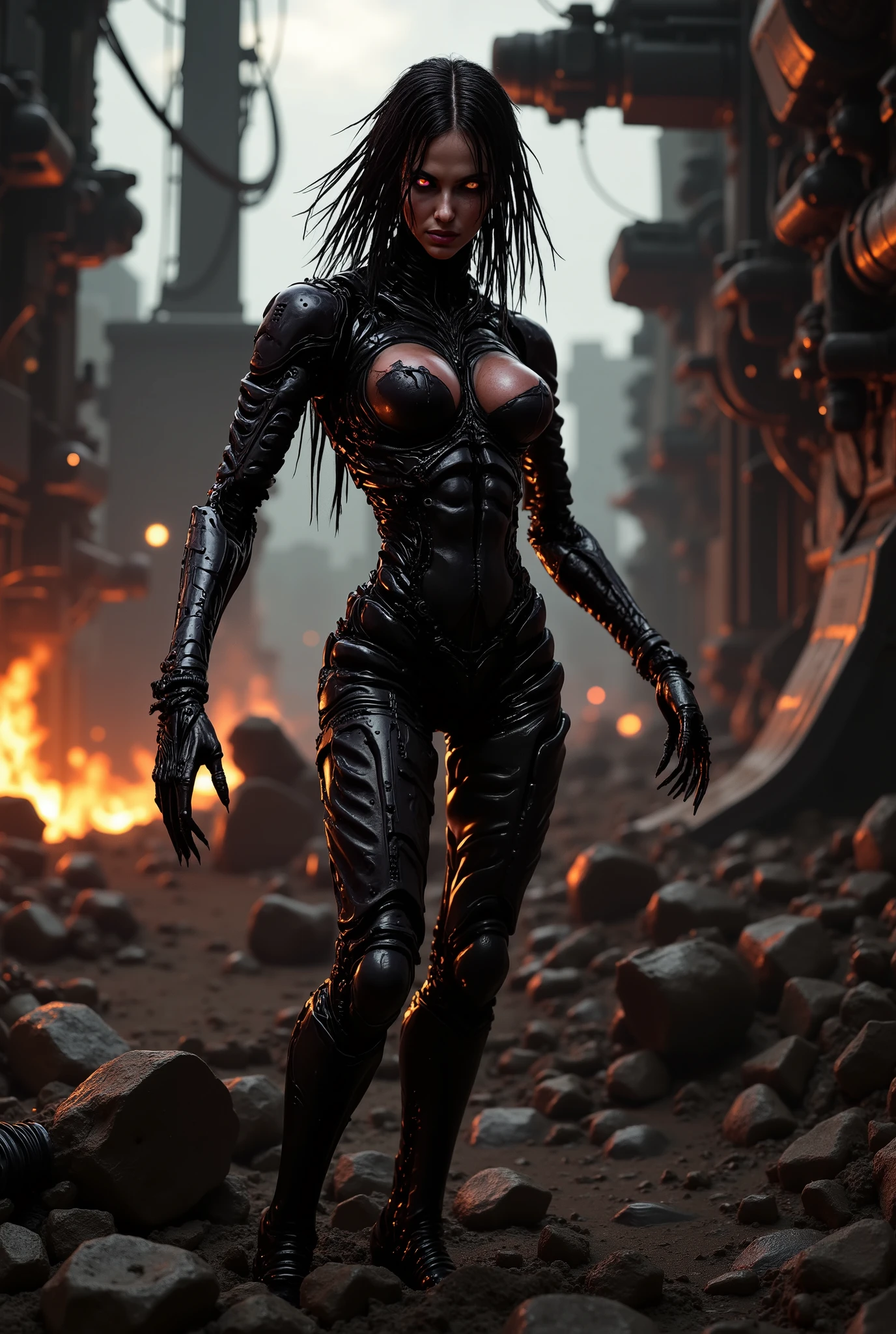 👹 demonic female figure, intense expression, fiery aura ♀️❤️🔥, heavily industrial machinery ⚙️⚙️⚙️, explosive ordnance 💣💥💣💣💣, futuristic weaponry 🔫🔫🔫, alien cyberpunk entity 👾, dark dystopian landscape, gritty cinematic lighting, moody atmosphere, photorealistic, 8K, physically-based rendering, extreme detail, vivid colors, dramatic lighting