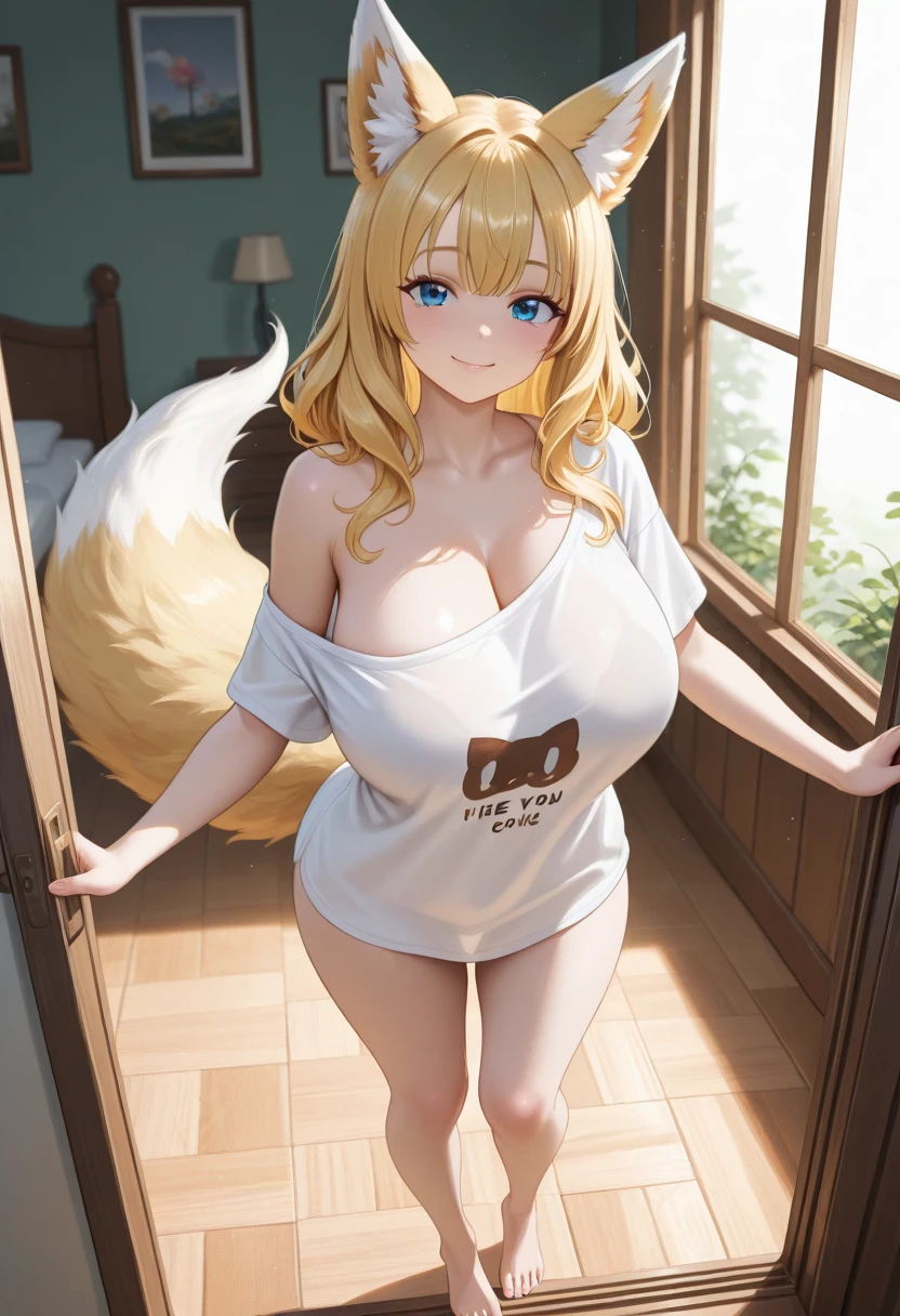 pajamas, smiling, gigantic breasts, white shirt, smile, looking at viewer, panties, see-though shirt, fox ears, fox tail, smile, blonde hair, pink eyes, <lora:pajamas-10:0.6>