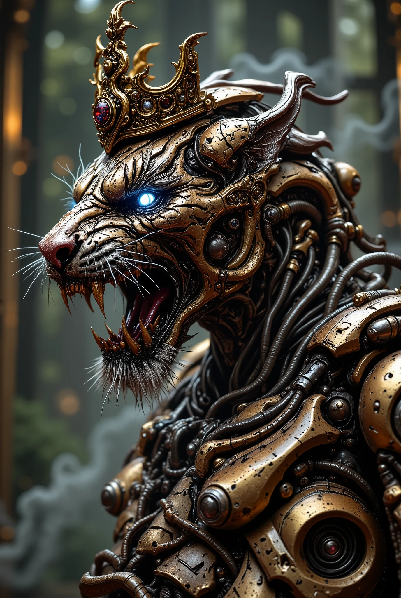 🐯 fierce tiger, majestic beast, roaring predator, golden eyes, sharp fangs, powerful claws, muscular body, prowling in nature 🤑 wealthy prince, luxurious crown, opulent jewels, lavish attire, regal pose, imperial authority ☕ elegant cafe, cozy interior, wooden furniture, steam rising, aromatic brew, relaxing atmosphere 🤖 advanced android, sleek metallic body, glowing blue eyes, articulated limbs, complex circuitry, futuristic design 🐉 mythical dragon, scaly reptilian body, giant wings, breathing fire, soaring through sky, fantasy creature ⚙️ intricate machinery, complex gears, whirring mechanisms, industrial aesthetic, technological marvel 💣 explosive ordnance, destructive power, smoking debris, shockwave effect, action-packed scene 🔫 advanced firearm, smoking barrel, high-tech scope, deadly precision, combat situation 👾 extraterrestrial entity, alien form, glowing eyes, tentacles, otherworldly presence, sci-fi elements 👺 demonic entity, malevolent features, twisted horns, glowing red eyes, dark aura, sinister expression8K, high resolution, masterpiece, ultra-detailed, photorealistic, cinematic lighting, dramatic atmosphere, vivid colors, realistic textures