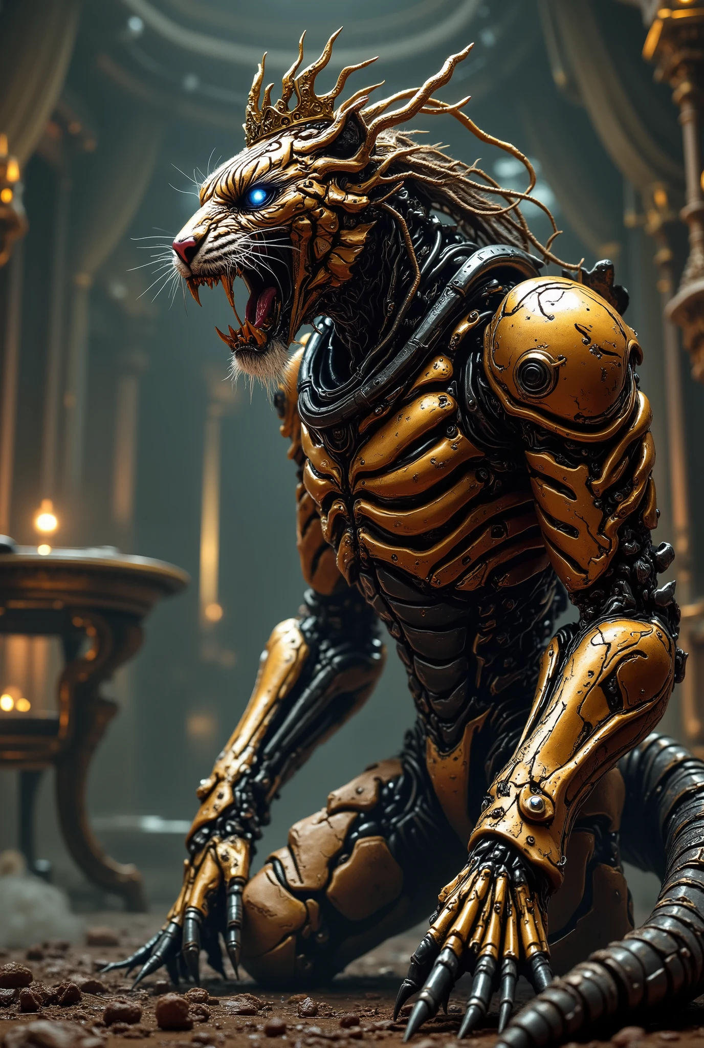 🐯 fierce tiger, majestic beast, roaring predator, golden eyes, sharp fangs, powerful claws, muscular body, prowling in nature 🤑 wealthy prince, luxurious crown, opulent jewels, lavish attire, regal pose, imperial authority ☕ elegant cafe, cozy interior, wooden furniture, steam rising, aromatic brew, relaxing atmosphere 🤖 advanced android, sleek metallic body, glowing blue eyes, articulated limbs, complex circuitry, futuristic design 🐉 mythical dragon, scaly reptilian body, giant wings, breathing fire, soaring through sky, fantasy creature ⚙️ intricate machinery, complex gears, whirring mechanisms, industrial aesthetic, technological marvel 💣 explosive ordnance, destructive power, smoking debris, shockwave effect, action-packed scene 🔫 advanced firearm, smoking barrel, high-tech scope, deadly precision, combat situation 👾 extraterrestrial entity, alien form, glowing eyes, tentacles, otherworldly presence, sci-fi elements 👺 demonic entity, malevolent features, twisted horns, glowing red eyes, dark aura, sinister expression8K, high resolution, masterpiece, ultra-detailed, photorealistic, cinematic lighting, dramatic atmosphere, vivid colors, realistic textures
