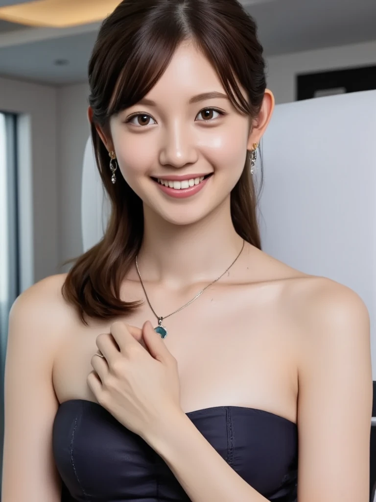 highest quality、Very detailed、High resolution、8k Perfect hair with attention to detail、Natural color lip, Random sexy poses,smile、24-year-old woman、(highest quality:1.3)、(masterpiece:1.3)、(Very detailed:1.3)、(One Girl:1.1)、(Detailed hands and fingers:1.2)、Very detailedな光沢のある肌:1.1、(Television Studio)、 smile、Medium Hair、(Are standing:1.2)、Full body pose、Cleavage