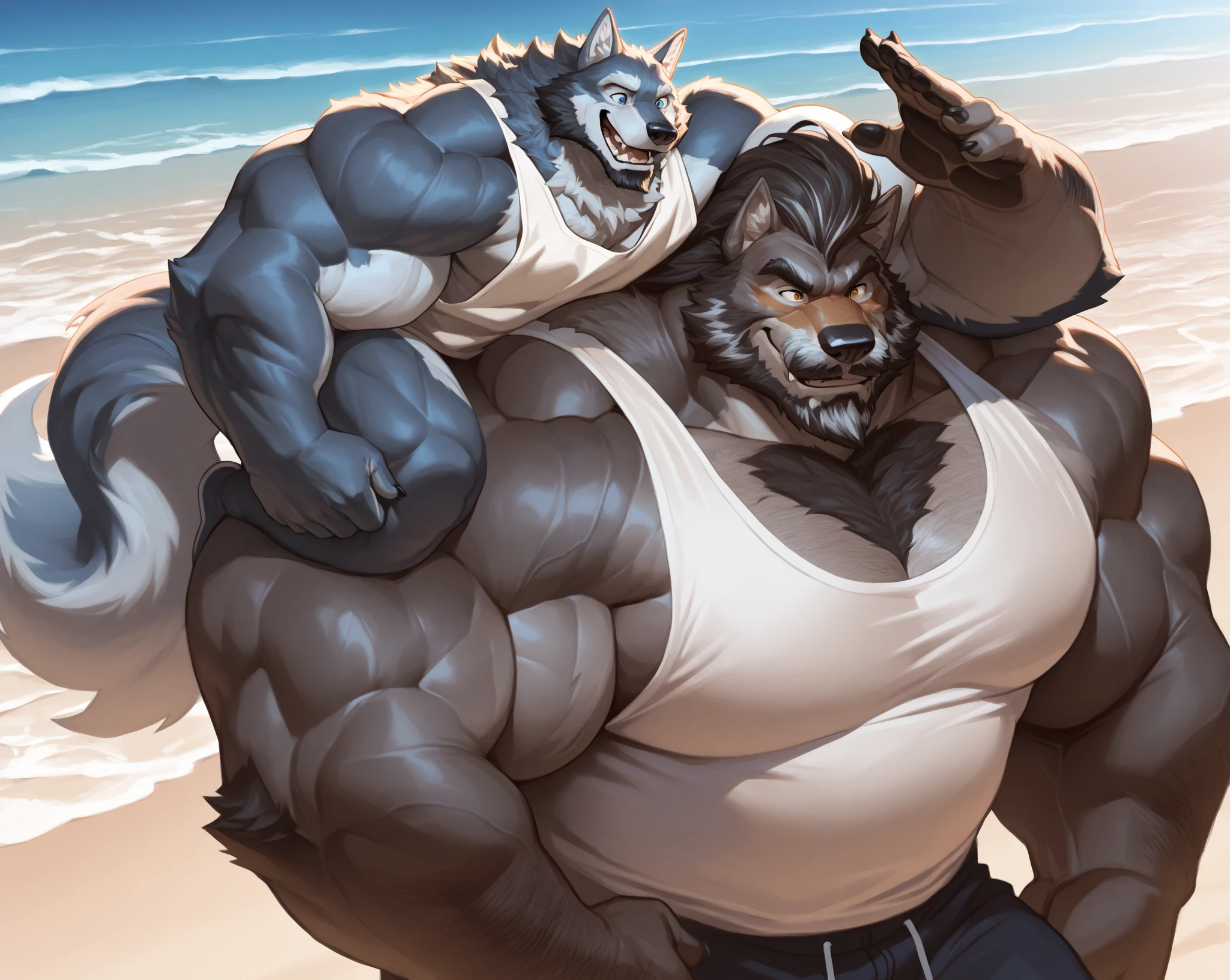 huge muscular polar bear in L.A. Beach, big smile, polar bear, huge white fur, thick arm, huge arm, bearded. white hair and beard, bearded, (muscular, pectoral, wide pectoral, thick arms), beach, palm, realistic, 8k, masterpiece, (wearing white shorts, wristbabd, watch and shirtless, shoes)