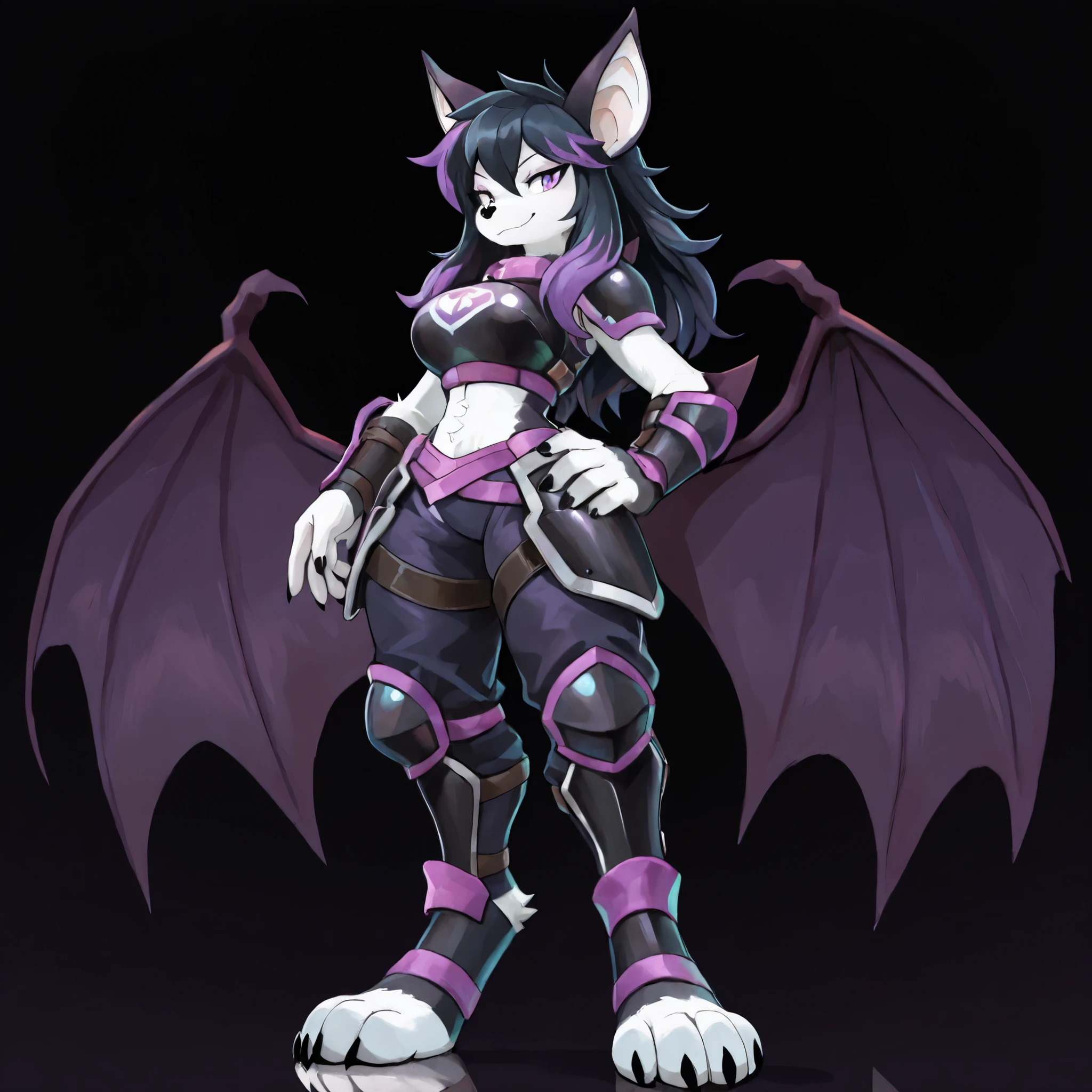 masterpiece, best quality, anime style, anime shading, full body picture, buxom body type, centered, three-quarters view, by plive,1girl, anthro, furry female, fox female, white fox, (bat ears:1.5), purple eyes, ((long black hair with purple highlights:1.2)), dynamic pose, small smile, large breasts, (large black and purple dragon wings), white paws, (four toes), black claws, black nose, digitigrade legs, digitigrade paws, big foot paws, wearing black body armor with purple trim, (waist armor with hip guards), dark background
