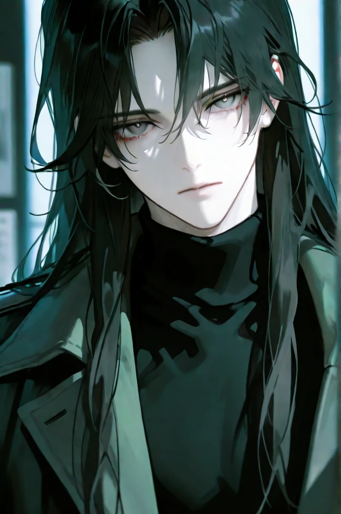 masterpiece, 1 man, handsome, language, Face Centered, Detailed Facial Description, Both eyes of the same size,  Well-balanced and firm body , A male character with a neutral and calm impression. mid 20s. Long hair. Blue-black hair. Grey-green eyes mixed with red.  pale and clean skin . Warm expressionless and neutral impression of a handsome man. Sharp eyes and smooth arms. black turtleneck, Dark long coat. Cinematic lighting, detailed description, Calm and dark atmosphere, Looking back at the viewer