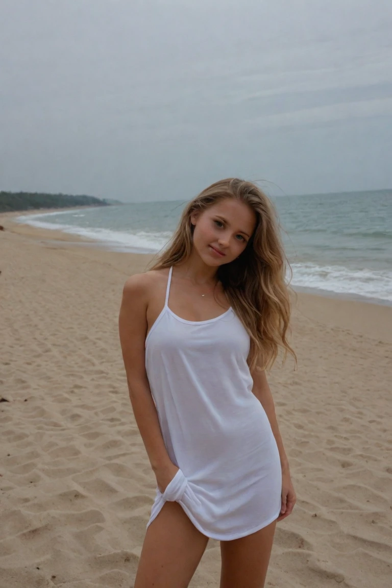 A 20-year-old girl with long blonde hair .gray expressive eyes, a mischievous sensual smile, natural breasts, on all fours), sunset and a beach with fine sand ((very realistic)) sensual ,sexy, tetons attractive natural breasts natural hips