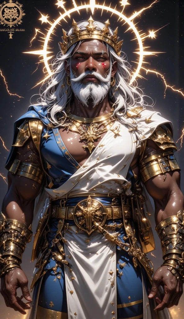 Hyperrealistic image of an elderly holy martyr warrior with a crown of thorns on his head and drops of blood running down his body over 79 years old African American superhero angel with rays of light coming out of his body with two black wings spread out with gray hair and a crown of thorns and a halo of light with rays of light on his super heavy head and very fat and very handsome bodybuilder with huge flabby pecs and very sweaty big pointy nipples in a sky of very white clouds dressed only in a leather Roman skirt and gold and a cape..