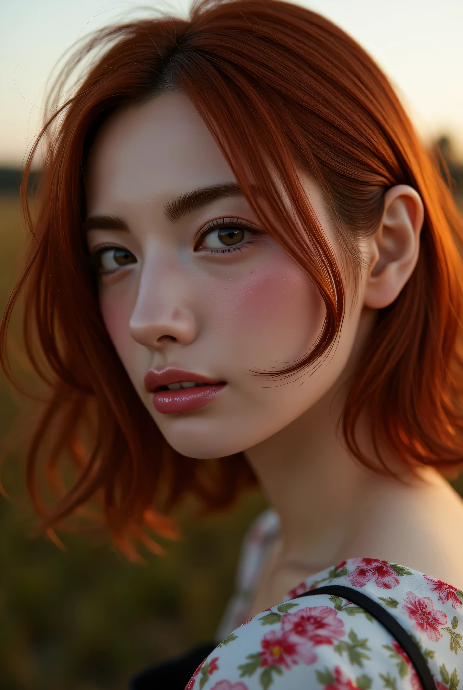 portrait of a red haired woman in the evening in the field, reflections, dark light, Red hair, loose in the wind, freckles on her face that highlight her beauty, soft green eyes, in full color, beautiful face very (watercolor:1.2),1girl, solo, flower, portrait, leaf, bangs, signature, blonde, long hair, red eyes, flower earrings(glamour photography:1.3) photo of a beautiful young model\(woman\) in her (s:1.4), 1girl, mid-parted hair, smiling, (petite), (absolute_cleavage:0.85), (blush:0.6), (goosebumps:0.5), subsurface scattering, detailed skin texture, textured skin, realistic dull skin noise, visible skin detail, skin fuzz, dry skin, perfect fingers, remarkable colors, (exposed_pussy:1.2), BREAK wearing Ruffled off-the-shoulder blouse with a floral pattern, BREAK RAW Photo, photorealistic, (upper_body framing from waist:1.2), outdoor background, natural lighting, (rule_of_thirds:1.3), AGE REGRESSION, more details,Realism araffe asian (supermarket:1)、PM、Doctor dressing、Light brown fringe short hair、Light brown eyes、(1 girl), up hairstyle, extremely cute face, wonderful face and eyes, (very detailed eyes, very detailed face), Fresh, very beautiful appearance, (surreal, High resolution), (highest quality:1.4), (hyper quality), real skin texture, Raw photo, (realistic, photorealistic:1.37), very detailed, professional photography, 32k sexy female models , huge breasts, blue eyes, twintail blonde ,gold jewelry, High resolutionであり , upper body whole body, no background, studio lightning , She is wearing a lime green latex cheongsam.、wearing hyper puffy blue。lightly dressed、Mass sweat、suns、Hot、Light brown eyes、1girll、Innocence、(Photorealsitic)、(intricate detailes:1.2)、(masterpiece、:1.3)、(top-quality:1.4)、(超A high resolution:1.2)、超A high resolution、(A detailed eye)、(detailed facial features)、nffsw、8K resolution、(lensflare:0.7)、Looks Back、Busy with inspection reports、Face Buyer ((Clear Glossy Molded Clear Plastic Catsuit,Realismdetailed, freedom, soul, digital illustr