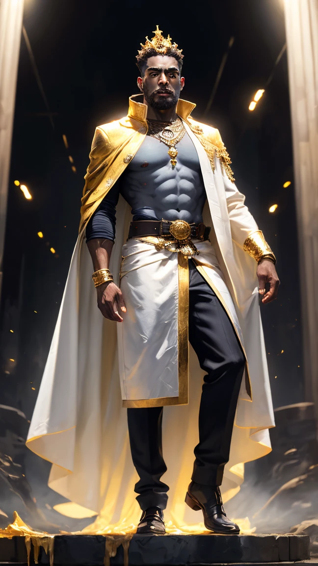 A very handsome (regal black African American man:1.5), with a dark skin tone, wearing a African style clothing, pants and a Dashiki, Intricate plumage, Elaborate, hyper detailed, fantastical, 3D, rugged, Alluring, Entrancing, reflective, magical, not of this world, shimmering, glossy, intense, whimsical, gossamer, clarity, iridescent, opalescent, transparent, light particles, scattered light, composed using the golden ratio, lighting by Vladimir Volegov and Steve Hanks, award-winning, perfect composition, Handsomely lit Watercolor, trending on artstation, sharp focus, studio photo, Intricate specifics, highly detailed, by Greg Rutkowski, Broken Glass effect, no background, stunning, something that even doesn't exist, mythical being, energy, molecular, textures, iridescent and luminescent scales, Stunning elegance, Flawless excellence, divine presence, unforgettable, impressive, stunning elegance, Volumetric light, auras, rays, vivid colors reflect.