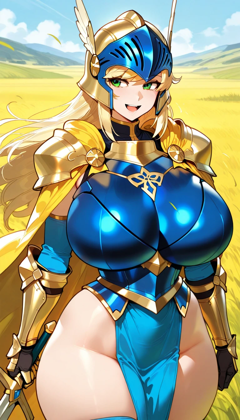 (masterpiece, best quality, high resolution, (huge breasts) 1 powerful woman, full body white and gold fantasy paladin costume, fantasy paladin sword and shield in hands, hair very short golden hair, male hairstyle, golden eyes,,(background white ,Stickers.Redmond ), ((full body standing)),
