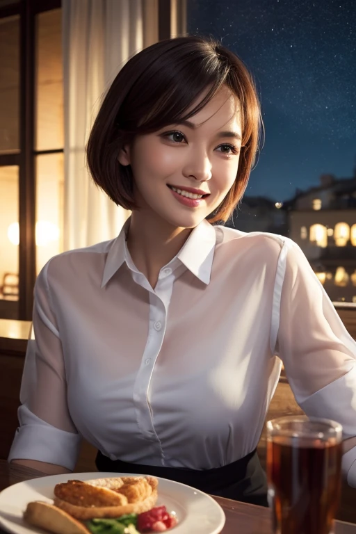 (8k, highest quality, masterpiece: 1.2), (Realistic, Realistic: 1.37), Very detailed, 1 girl, cute, alone, Beautifully detailed skies, Detailed cafe, night, Sitting, date, ( Red nose), (smile: 1.15), (Close your mouth) Small breasts, Beautiful details, (Collared shirt: 1.1), night, Wet, Business Wear, rain, White lace, (short hair: 1.2), Floating hair NovaFrogStyle,
