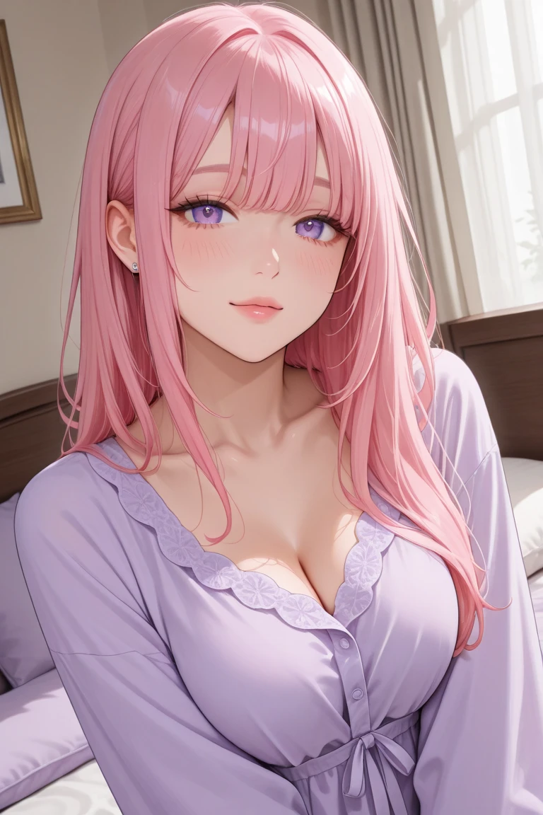 1 girl, (masterpiece,highest quality,超A high resolution), (((Very beautiful 25 year old girl))), look at the photographer､  ((beautiful long hair)), super cute face, glossy lips, double eyelids in both eyes,natural smile、 natural makeup, long eyelashes, Shiny and smooth dark light pink hair､perfect limbs, perfect anatomy,(((comfy sweater)))、sit in the chair, at the night ,(wet with sweat),,turn around and look back,See-through