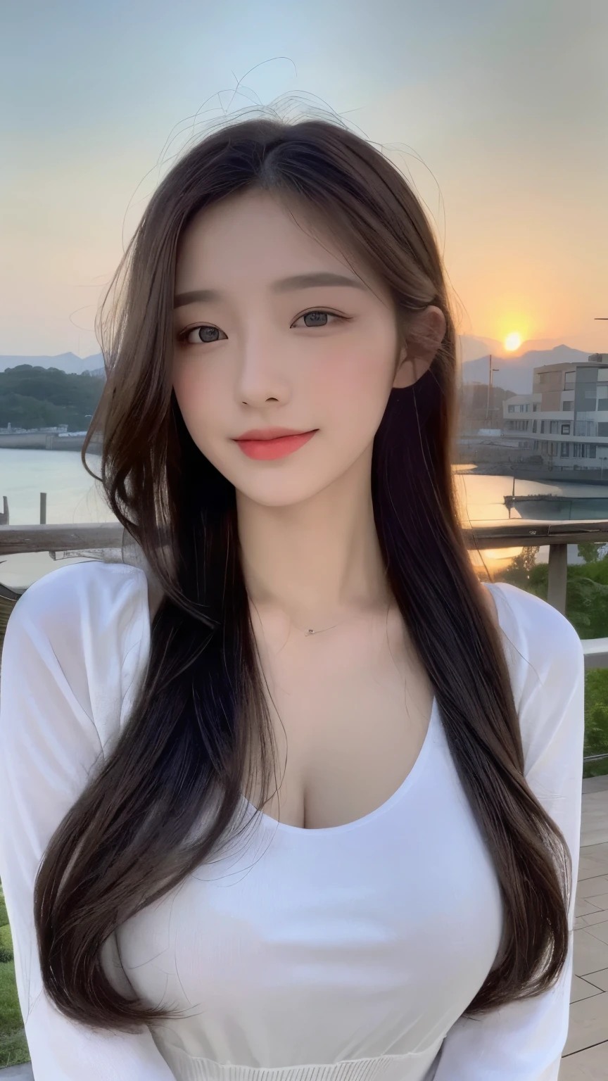 (1 Korean star with royal sister style), ((Best quality, 8K, 巨作: 1.3)), focal point: 1.2, Perfect body proportions: 1.4, (Make a smile), (Sunset: 1.3), Watery eyes, Highly Detailed Face and Skin Textur, Fine eyes, Double eyelids, Whitens the skin, (long whitr hair, Air bangs: 1.3), (Round face inches: 1.5), (White chiffon skirt: 1.4), (Sketch 1:2,)rural landscape。 Take photos while sitting in a medium-to-long distance pose。