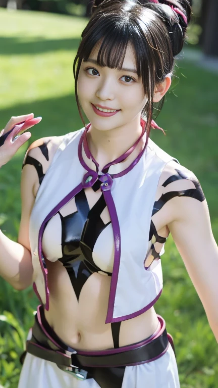 masterpiece, best quality, (realistic,photo-realistic:1.4), (RAW photo:1.2), extremely detailed CG unity 8k wallpaper, delicate and beautiful, amazing,finely detail, official art, absurdres, incredibly absurdres, huge filesize, ultra-detailed,extremely detailed eyes and face,light on face,sinon,(little smile),(black hair:1.4),(short hair:1.4),(body painting:1.5),(nature background:1.4),(sidelocks:1.4),hair clips
