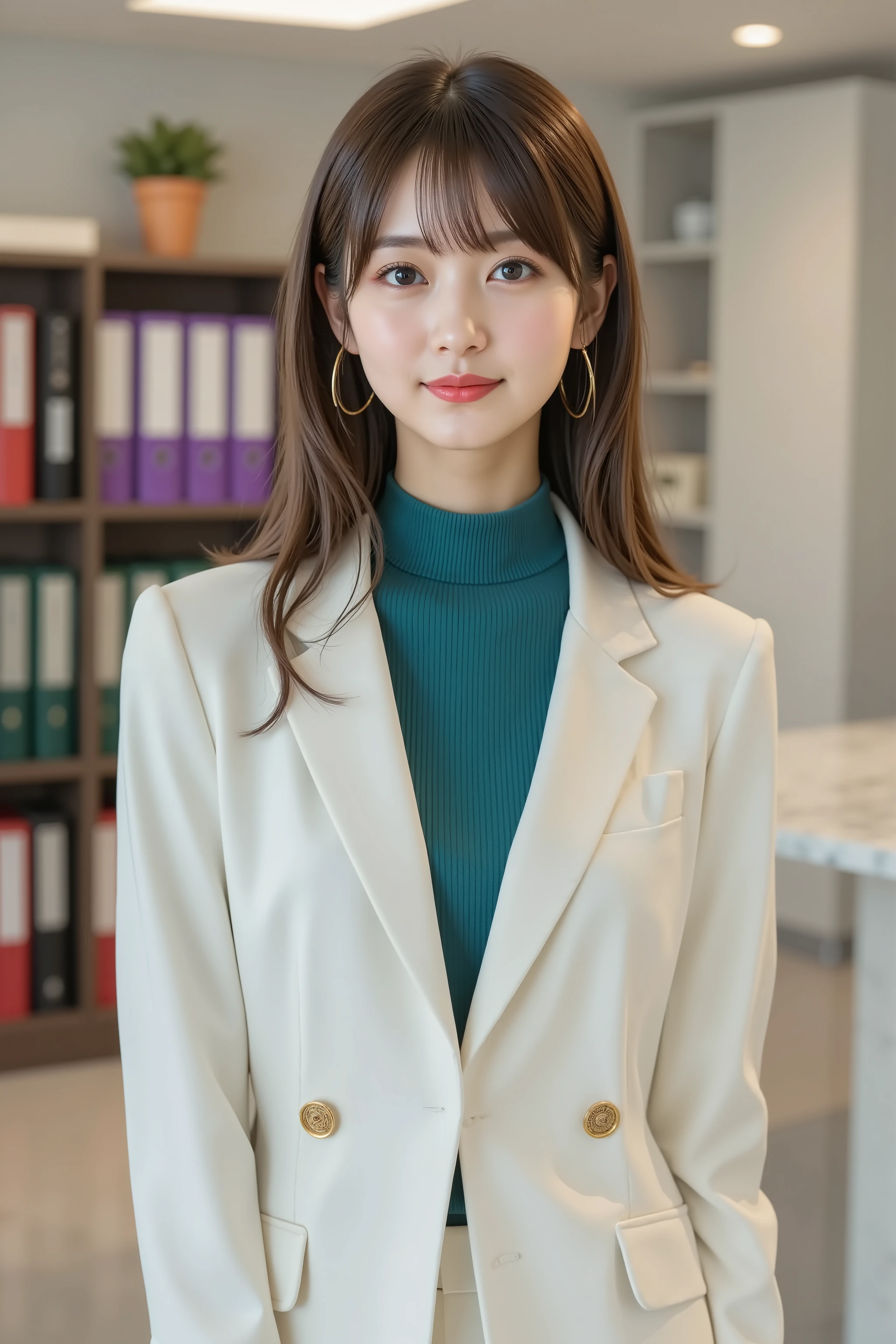 firm breast, by adjusting the framing so the subject's full head is visible within the composition, with the crop showing only from just above the bust to slightly above the top of the head. a highly detailed and realistic digital illustration of a stylish professional woman standing in a modern office setting, by adjusting the framing so the subject’s full head is visible within the composition, with the crop showing only from just below the shoulders to slightly above the top of the head. Ensure there is a comfortable amount of background space above the head to establish spatial context. The focus is on her upper body clothing and the surrounding interior environment.
She is wearing a sleek white blazer with gold buttons and subtle seam lines, giving it a tailored, polished appearance. The blazer is open at the front, revealing a teal ribbed turtleneck sweater underneath, which adds contrast through its vivid color and textured fabric. Large gold hoop earrings frame her face, enhancing the sense of style and formality.
Her posture is upright and professional, suggesting confidence. Her hands are slightly out of frame, likely resting on a table. The lighting is bright and even, characteristic of a clean, modern office space.
The background shows an organized office interior, with shelves filled with neatly arranged binders in various colors including purple, red, green, and black. A potted plant adds a touch of greenery to the environment. To the right, a marble countertop and additional shelving suggest a workspace that balances aesthetics and function. The walls are smooth and lightly colored, while the ceiling features built-in lighting with a recessed fixture that provides soft overhead illumination.
The entire scene emphasizes professionalism and modern elegance, balancing detailed wardrobe styling with an orderly office backdrop.