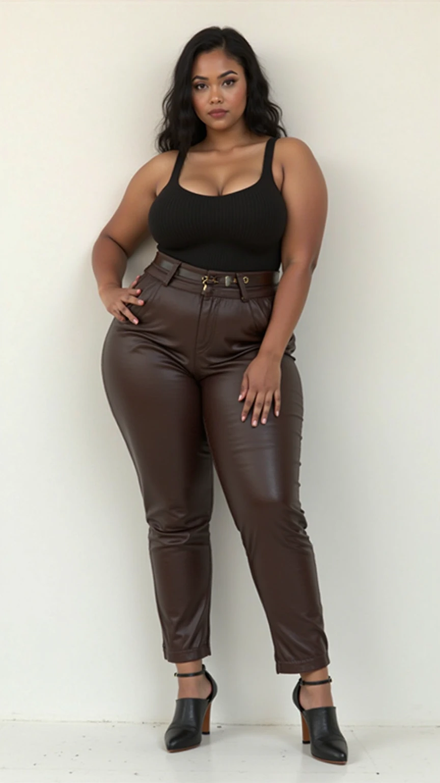 (masterpiece), (best quality), (ultra-detailed), ((masterpiece)) ((best quality)) ((ultra-detailed)) woman in a brown leather outfit standing on a white surface, female full body, ( ( brown skin ) ), full body female, female outfit, ( brown skin ), fullbody, diesel punk female, inspired by Nyuju Stumpy Brown, distant full body view, ( ( dark skin ) ), leather pants, full body shot hyperdetailed