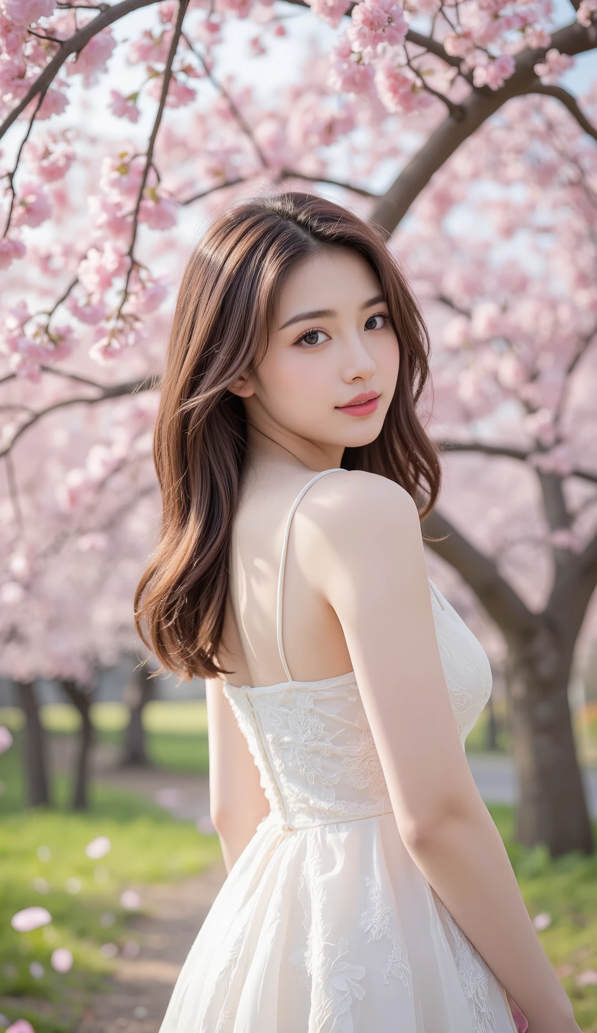 【A young Japanese woman in her 20s with large, bright eyes and chestnut-brown hair. Her makeup features a soft lip color, subtle pink blush, and delicate eyeliner.
She stands beneath fully blooming cherry blossom trees during the daytime, gently smiling as she looks back over her shoulder.
Pink petals are fluttering around her, and the entire scene is softly illuminated by natural daylight, creating a realistic and serene atmosphere.
She is wearing a white dress adorned with lace details, perfectly complementing the fresh and elegant mood of spring.】
