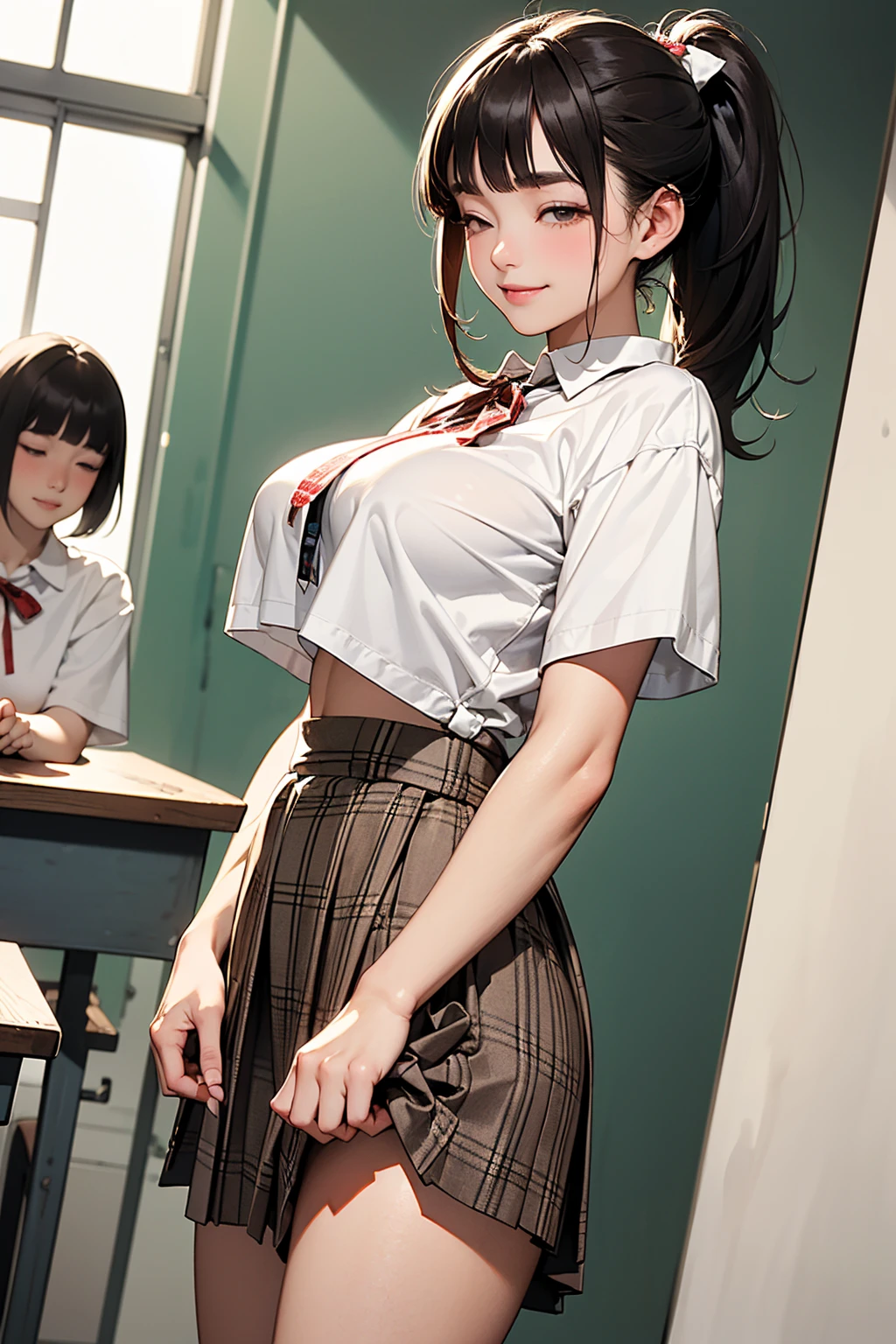 (masterpiece、highest quality)、Beautiful illustrations、Gazing at the viewer、Beautiful thighs、Front view、1 girl、Mature high school girl、A high school girl who looks 25 years old、Shiny skin、(ponytail)、Big eyes、Long eyelashes、very tall、 Beautiful Hair、Beautiful Face、Beautiful Eyes、 Beautiful breasts、Beautiful thighs、Beautiful legs、Beautiful fingers、(((brown knit vest、Short sleeve white collar shirt、Navy Pleated Skirt)))、((Red bow tie))、(In the classroom)、Are standing、((smile))、(((((Skirt lift with both hands、I can see her panties and black pantyhose)))))