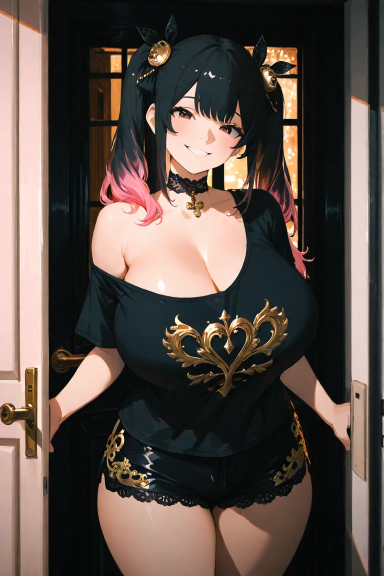 A 20-year-old chubby girl, adorned with strong pink makeup that accentuates her youthful charm, is depicted in this maximalist artwork. She wears a pleated skirt that cascades gracefully, paired with a sleeveless top that displays her delicate shoulders. Her eyes, magnificent and beautiful, glisten with dark golden hues, whilst the intricate details bring out their captivating allure.
With a sensual and suggestive pose, she flashes an evil smile that hints at her enigmatic nature. Her very long black hair, styled into a sleek and long black ponytail, frames her face perfectly. A light and transparent veil