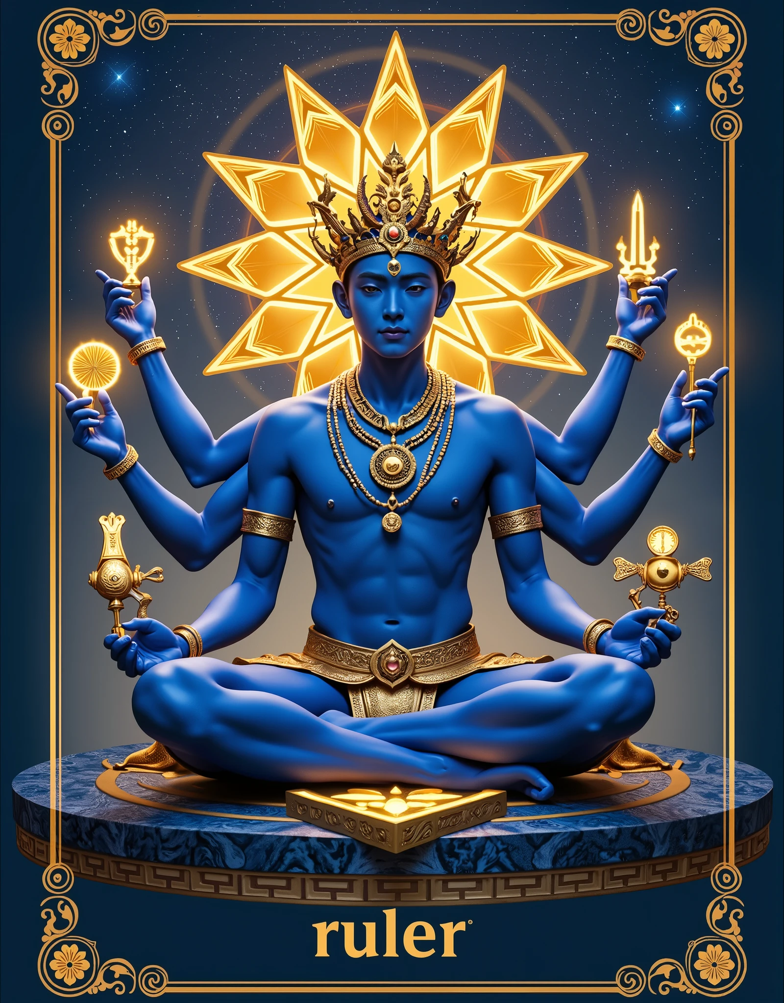 masterpiece, Realistic, best quality, Ultra High Resolution, Blue and Gold Duet, Playing Cards, In the middle of the card is an Asian male deity sitting in meditation, young, Handsome, Dark Blue Skin,  [Six arms each holding a golden glowing spell: Rattlesnake, sword, Gossip Mirror, Congolese Circle , Little Congolese Hammer, Yu Ruyi ],  Decorated Crown of Gold Jewelry, Gold Sparkling Gemstone Accessory, Glow of Gold Back Head Halo, nude body, Dark Blue Starlight Shorts, Full Body Gold Luxury, There are five gold colors in the middle of the whole card PENTAGONAL STAR GEOMETRIC PATTERN, written in English Ruler, The whole card has a golden border geometric pattern, Soft Background, Complex composition , 