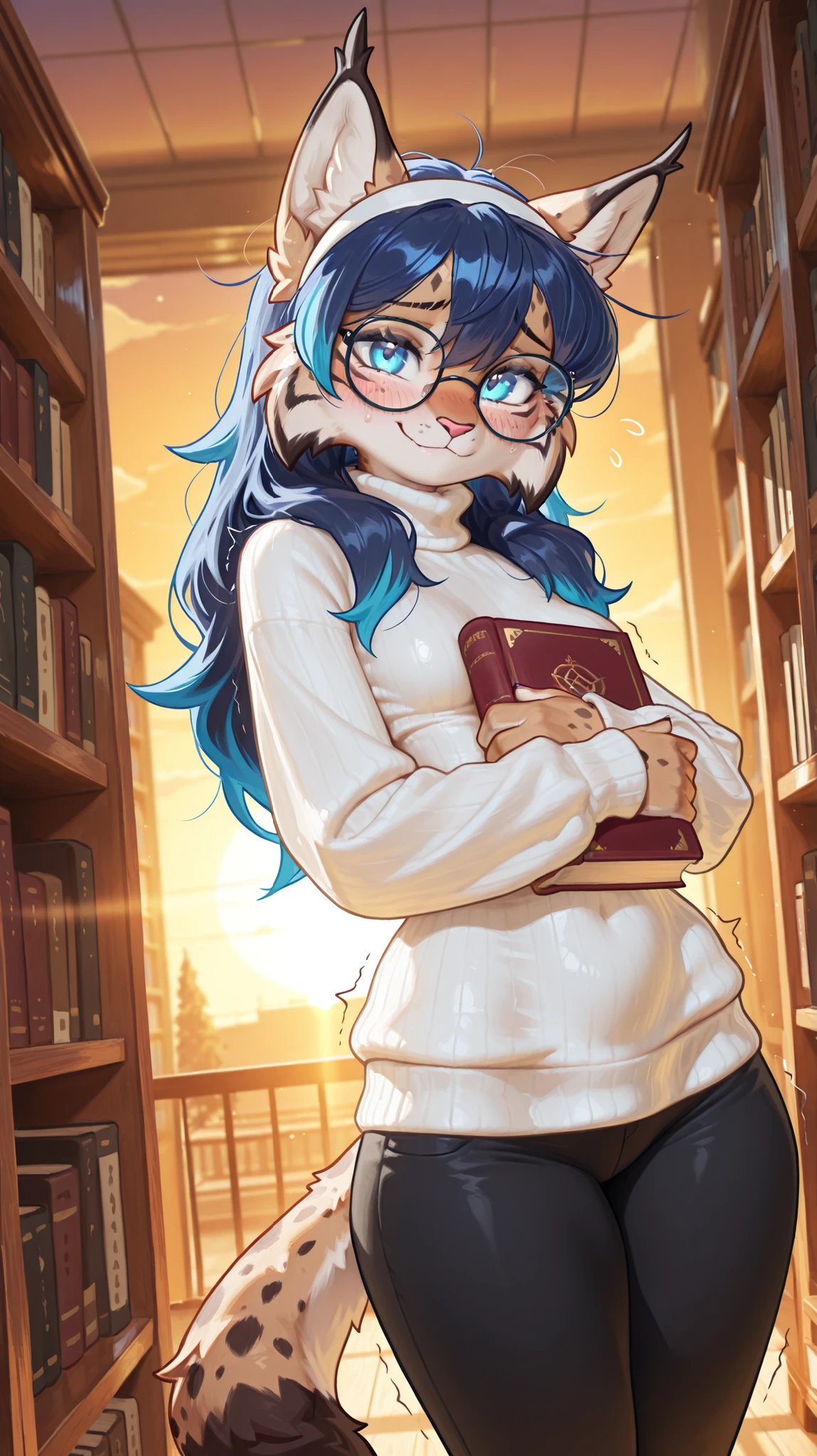 masterpiece, best quality, amazing quality, very aesthetic, high resolution, ultra-detailed, absurdres, newest, scenery, 1girl, lynx, furry female, blue eyes, blue hair (cyan highlights), messy hair, long hair, (19-year-old girl), closed mouth, looking at the viewer, nervous smile, tail, small breasts, thighs, hips, female focus, contrast lighting, side lighting, masterpiece, best quality, newest, absurdres, highres, amazing quality, very aesthetic, library setting, cute eyes, no lineart, cinematic, dynamic angle, solo, sunset, ambient lighting, shy expression, nerd, square glasses, white hairband, white turtle neck sweater, black pants, blush, nervous, shy, trembling, holding books