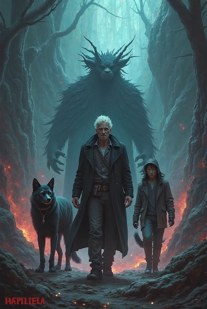 [A scene of violence or chaos, with Elijah, a 45 year old man, with hair,In the middle, surrounded by terrifying figures.] Create an image for a graphic novel 