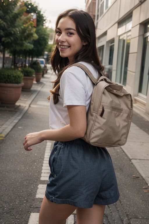 Back of a school backpack, realistic style, precise details, visible fabric texture, prominent zipper, neutral color palette, realistic art style, Audrey Flack, Chuck Close, Richard Estes