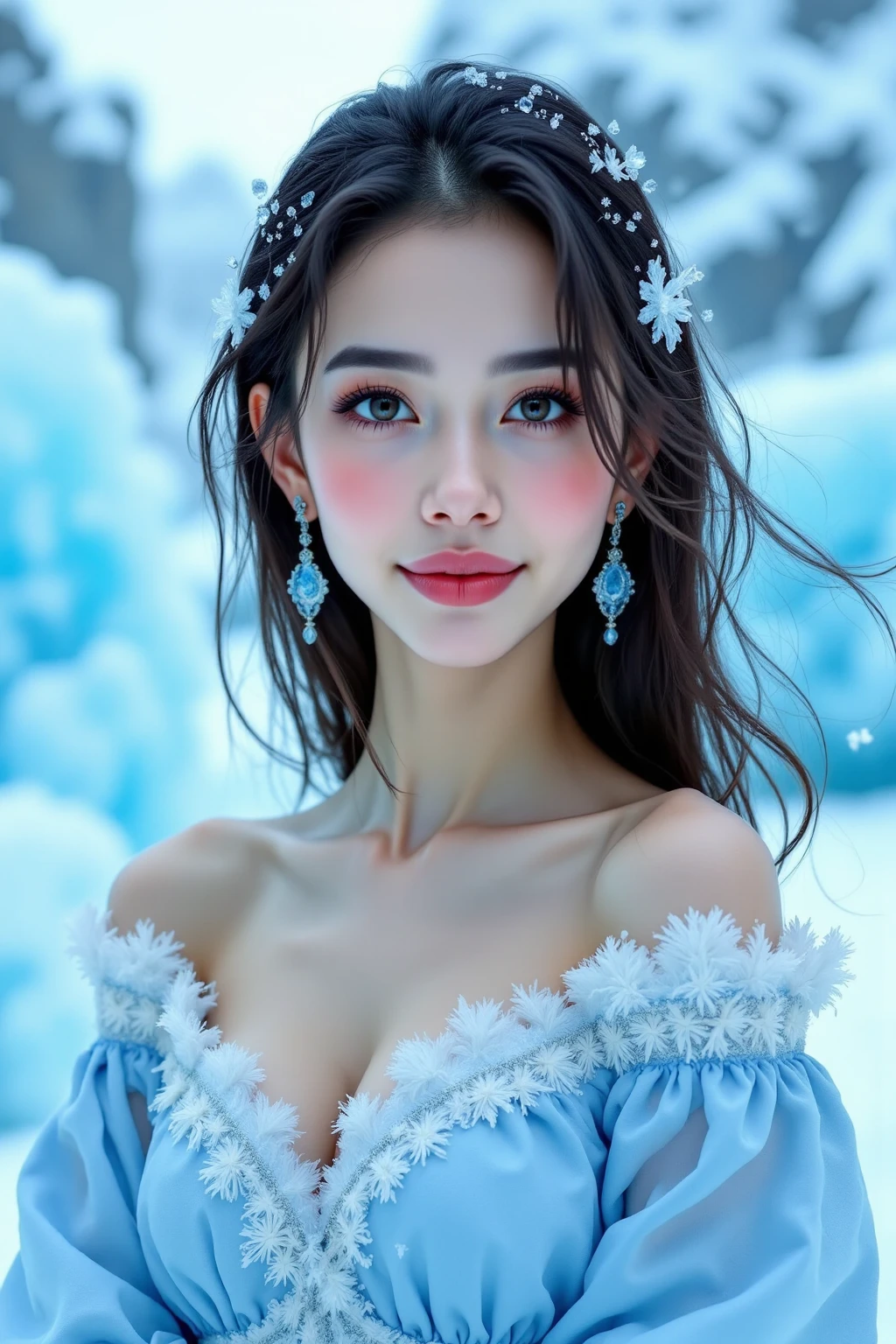 (masterpiece、Highest quality、Highest quality、Official Art、Beautiful and beautiful:1.2)、(One personのAdult women:1.3)、Wavy Hair、Moderate bust、Golden Hair、Snow Scene、Snow powder、Smiling face close-up、Glossy Lips、Shining Eyes、The snow queen、Wedding dress、Cosplay、(Real、High resolution)、(One personのAdult women)、The snow queen、Close-up eyes、Adult women、(Highest quality)、(Tabletop)、(One personのAdult women)、One person、美しいAdult women、Perfect Face、dream-like、Very detailed airbrush art((Surreal))、Volumetric Lighting、(Highest quality)、Super detailed、(Structure of movement:1.4)、Very complex and colorful details、(Bright lighting)、moving composition、Ray Tracing、The mirror reflects light、Shallow depth of field、Super detailed、Exposure Blending、Her eyes shine deeply pink、Snow falling in the background、