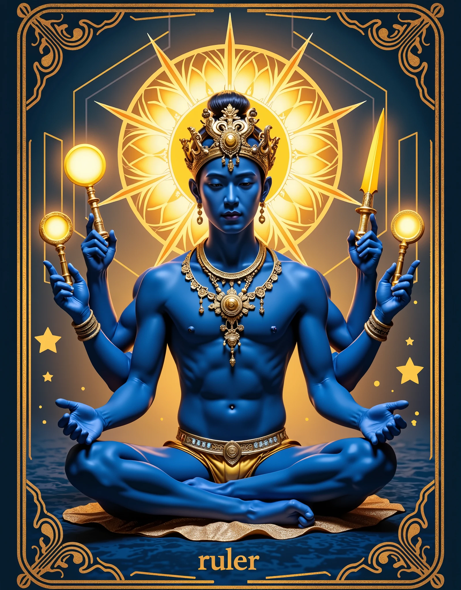 masterpiece, Realistic, best quality, Ultra High Resolution, Blue and Gold Duet, Playing Cards, In the middle of the card is an Asian male deity sitting in meditation, young, Handsome, Dark Blue Skin,  [Six arms each holding a golden glowing spell: Rattlesnake, sword, Gossip Mirror, Congolese Circle , Little Congolese Hammer, Yu Ruyi ],  Decorated Crown of Gold Jewelry, Gold Sparkling Gemstone Accessory, Glow of Gold Back Head Halo, nude body, Dark Blue Starlight Shorts, Full Body Gold Luxury, There are five gold colors in the middle of the whole card PENTAGONAL STAR GEOMETRIC PATTERN, written in English Ruler, The whole card has a golden border geometric pattern, Soft Background, Complex composition , 