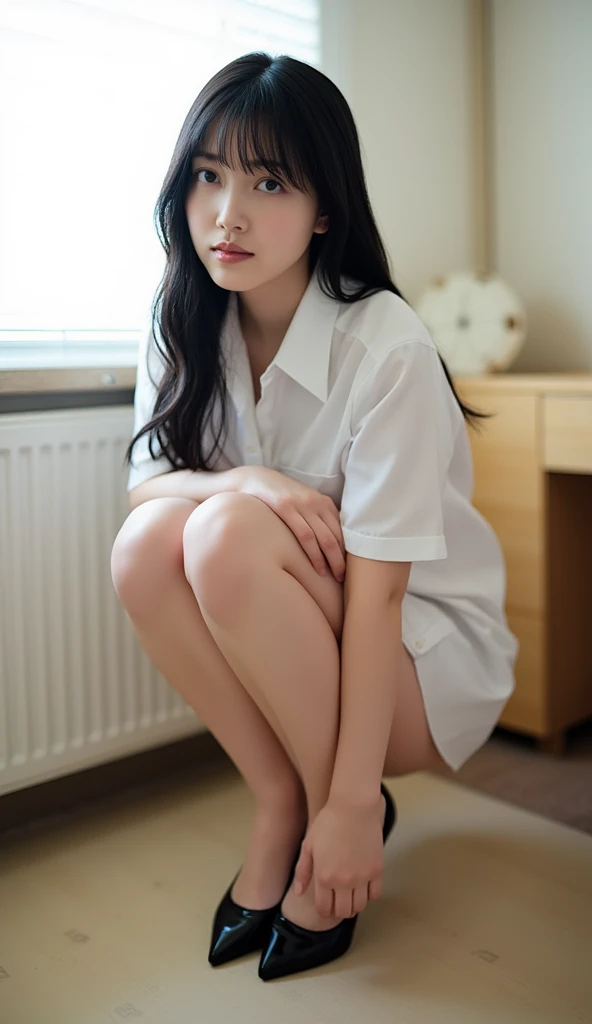 loafers、smile、Bright classroom、(((alone))),(((1 Girl))),  beautiful, shape, Highly detailed skin, masterpiece, Highest quality, Highly detailed face, Vibrant colors, Written boundary depth, Cinema Lighting,, One Girl, alone, short hair,skirt,blush, White shirt, masterpiece Highest quality 高解像度、Anna Tanaka ,  Sit with your knees bent、eight-headed body、beautiful足 、On campus、As if looking up from below、((Embarrassing,blush)),Browsing Caution,白いpanties,(((panties)))
