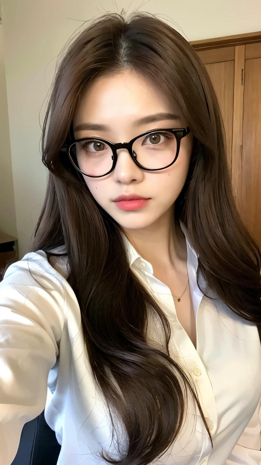 1girl in、Officelady、glasses、cleavage of the breast、big breasts、24 year old、white skin, full bodyesbian、white naked-apron、kawaii、